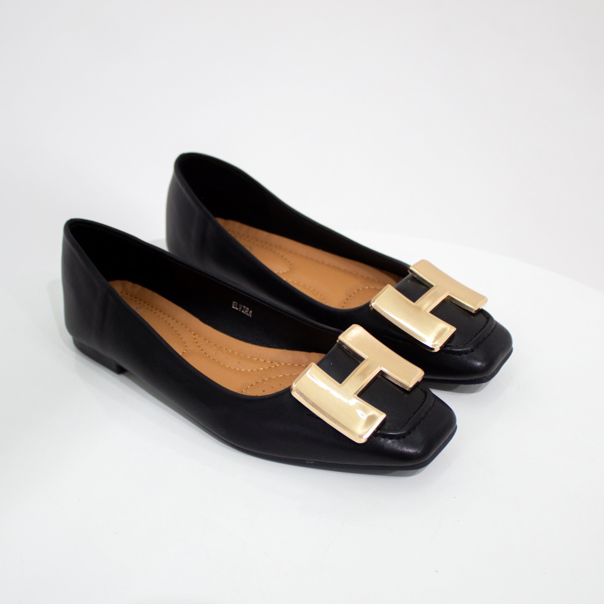 Alvira gold H-trim faux leather pump shoes black