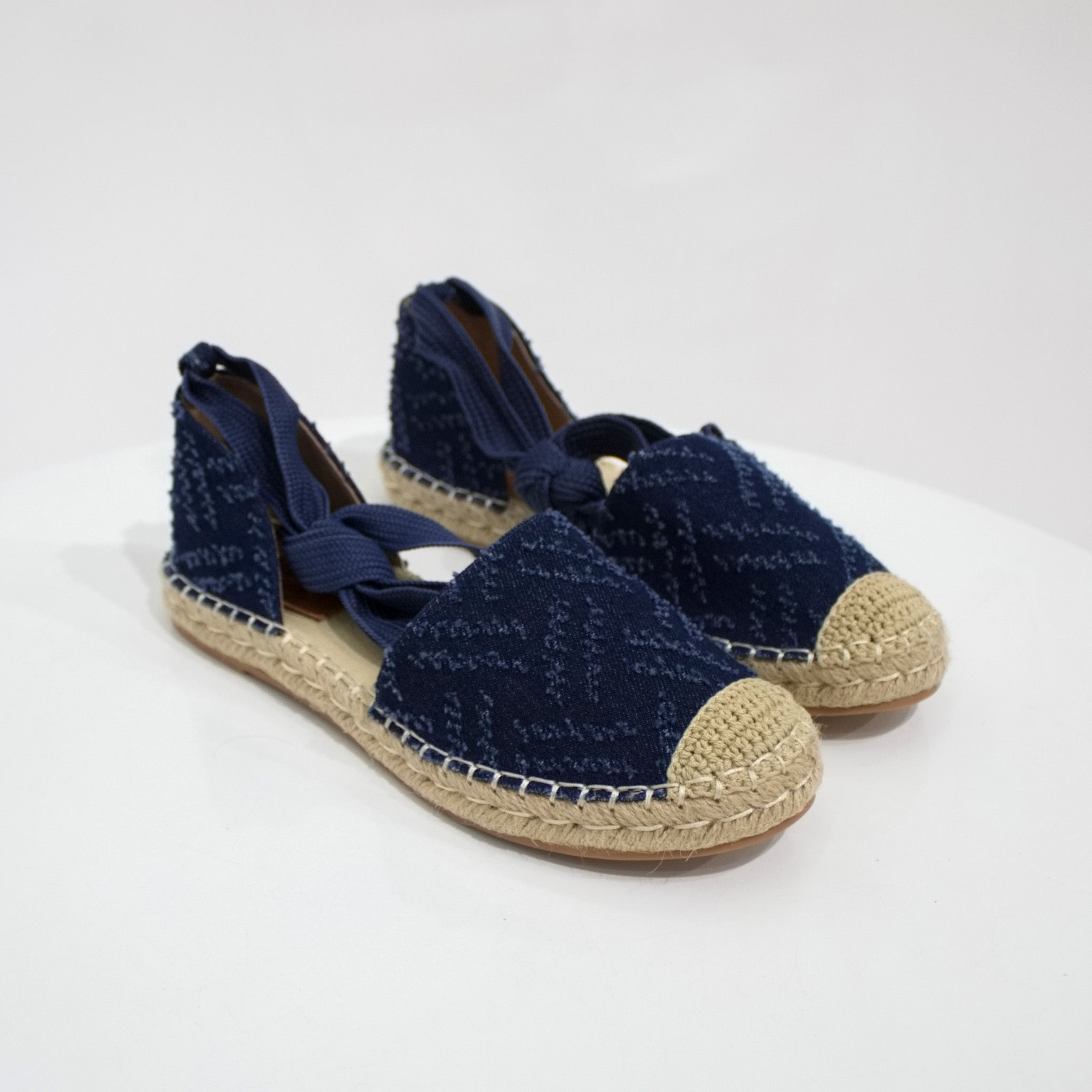 Monroe open-waist tire-up espadrille mule denim blue