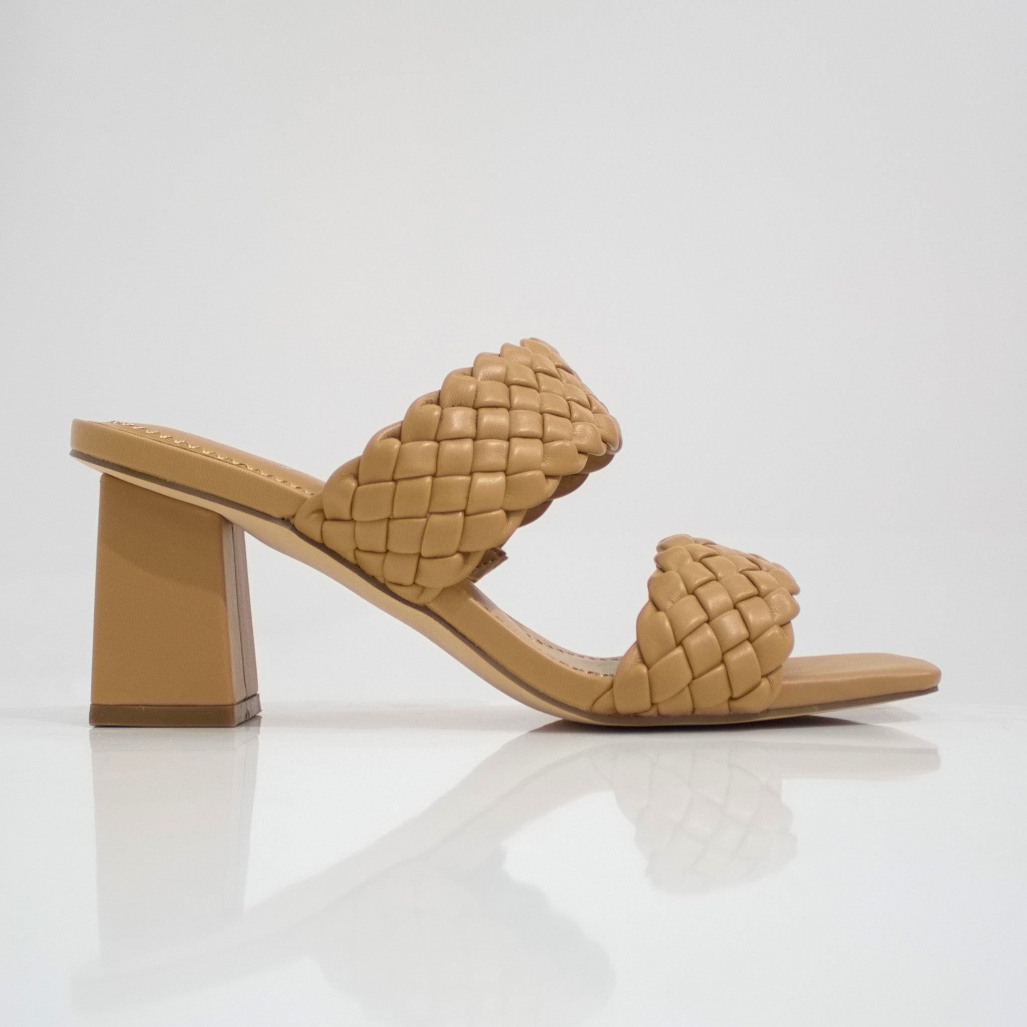 Vana 2 band pleated slide on a 6cm block heel camel