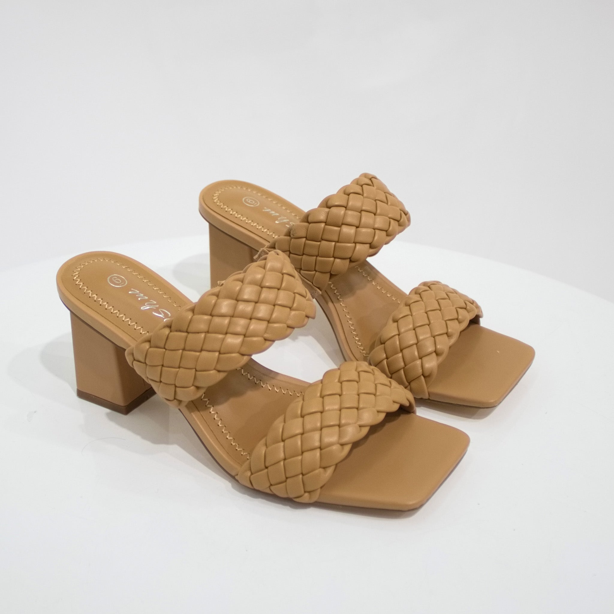 Vana 2 band pleated slide on a 6cm block heel camel