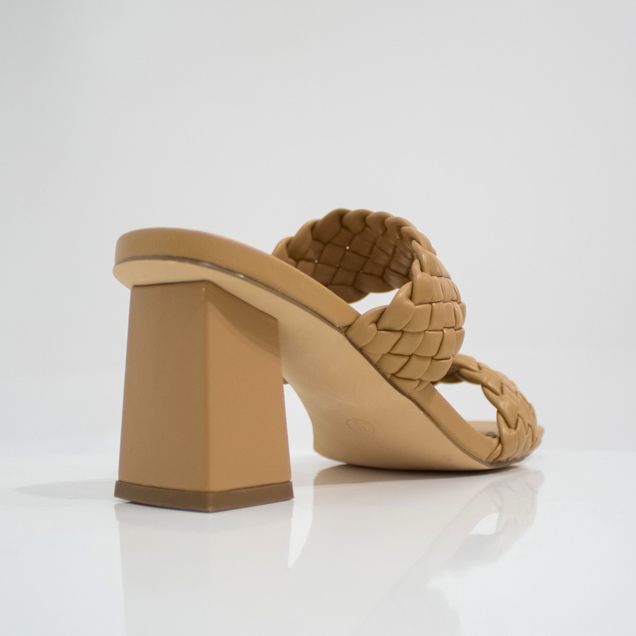 Vana 2 band pleated slide on a 6cm block heel camel