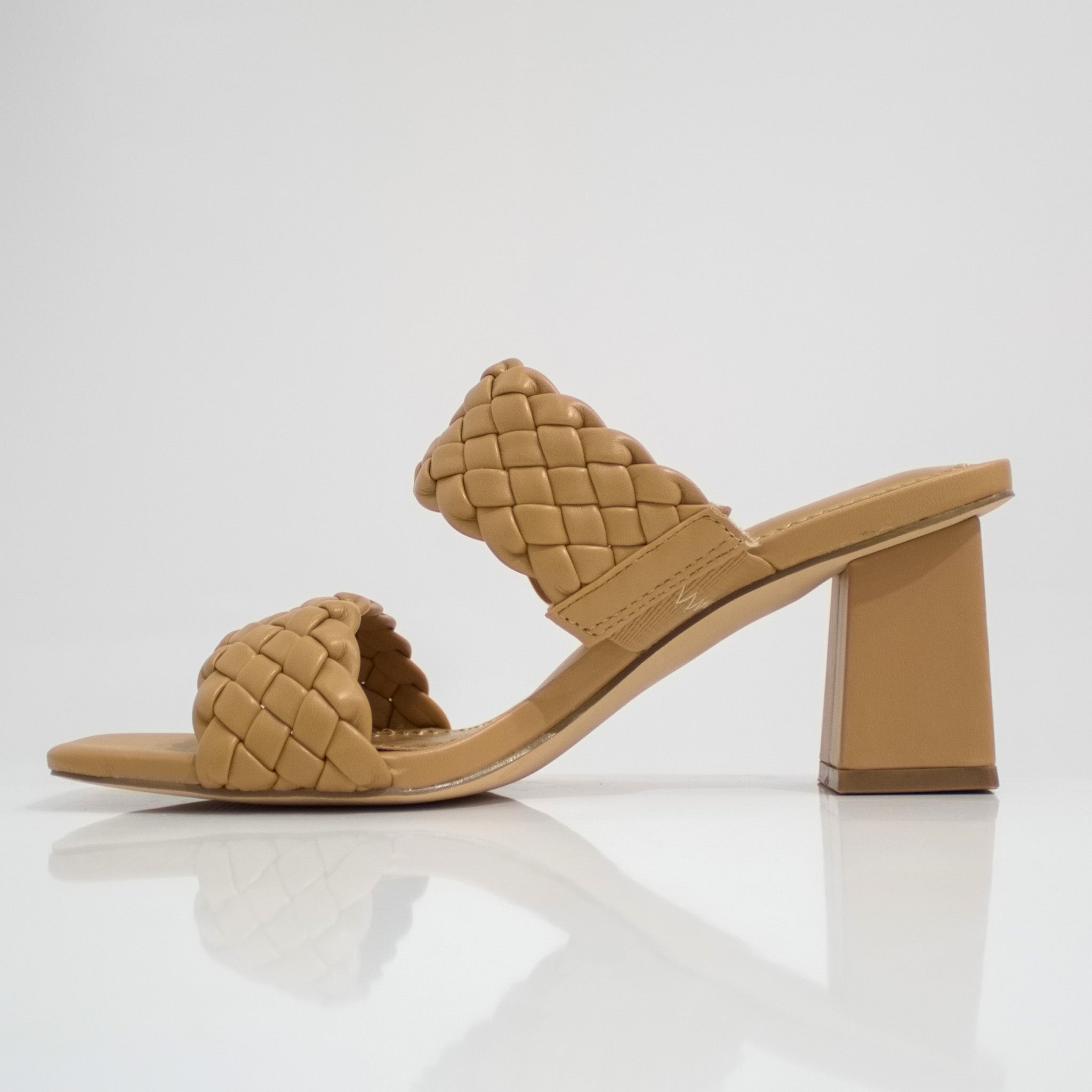 Vana 2 band pleated slide on a 6cm block heel camel