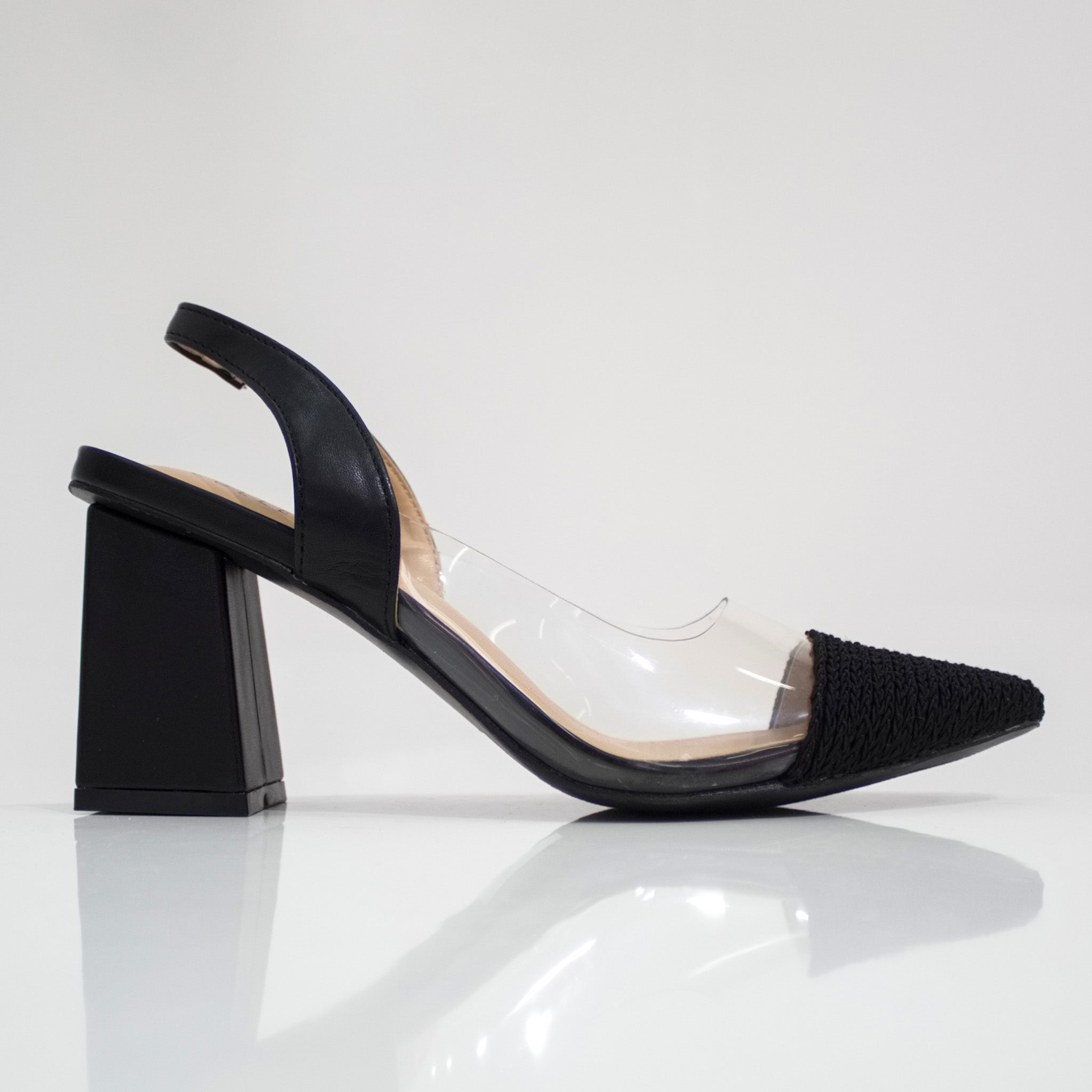 Journee 7cm heel vinyl sling back shoe black