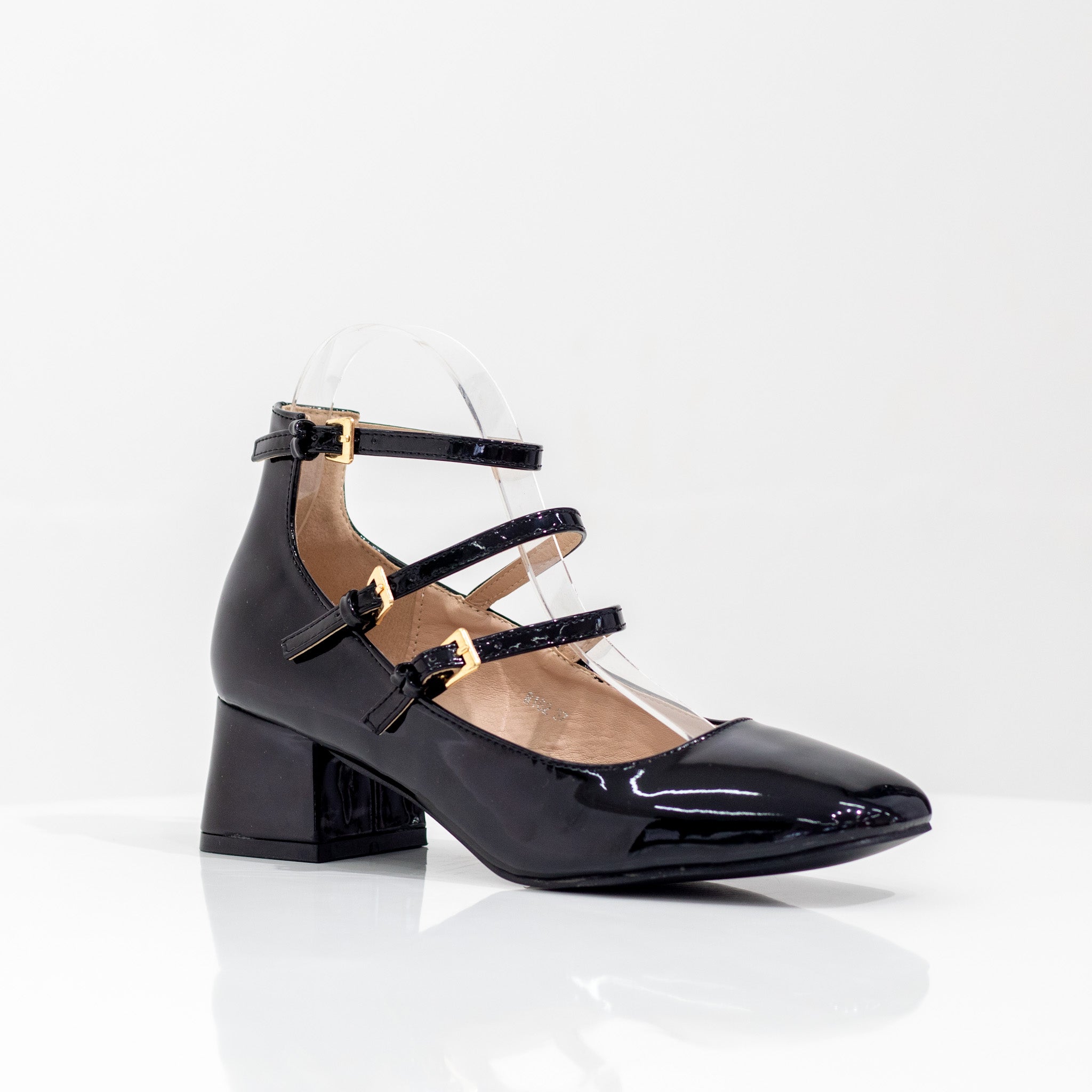 Flyfor pat double belt 5cm block heel court shoe black