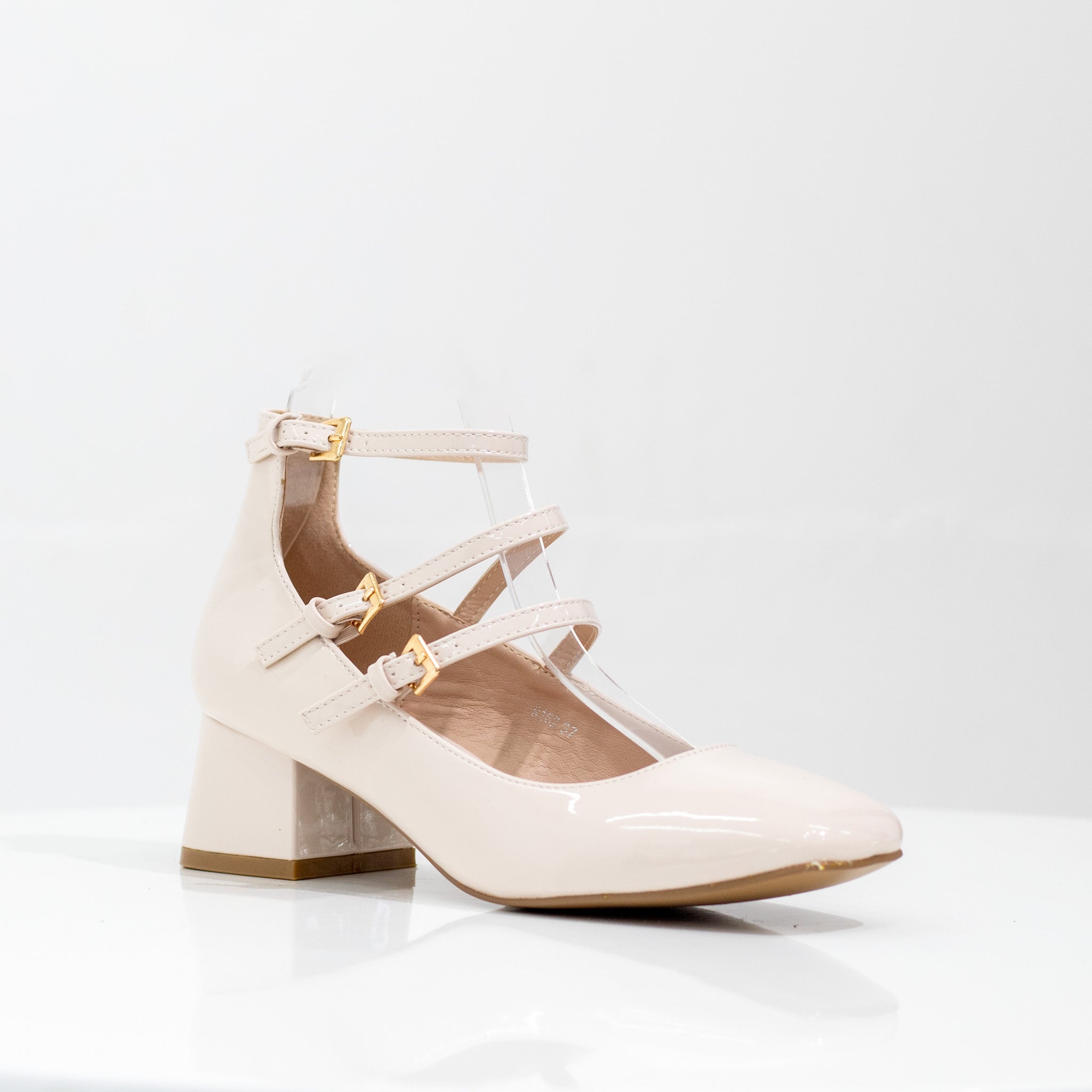 Flyfor pat double belt 5cm block heel court shoe beige