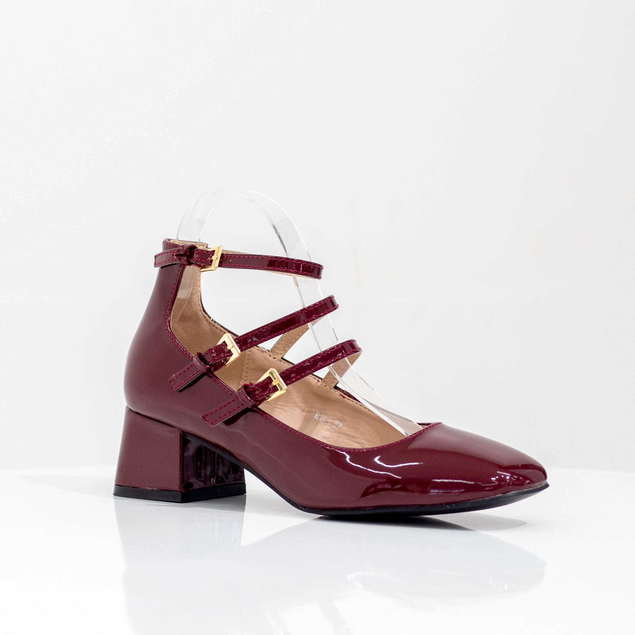 Flyfor pat double belt 5cm block heel court shoe wine