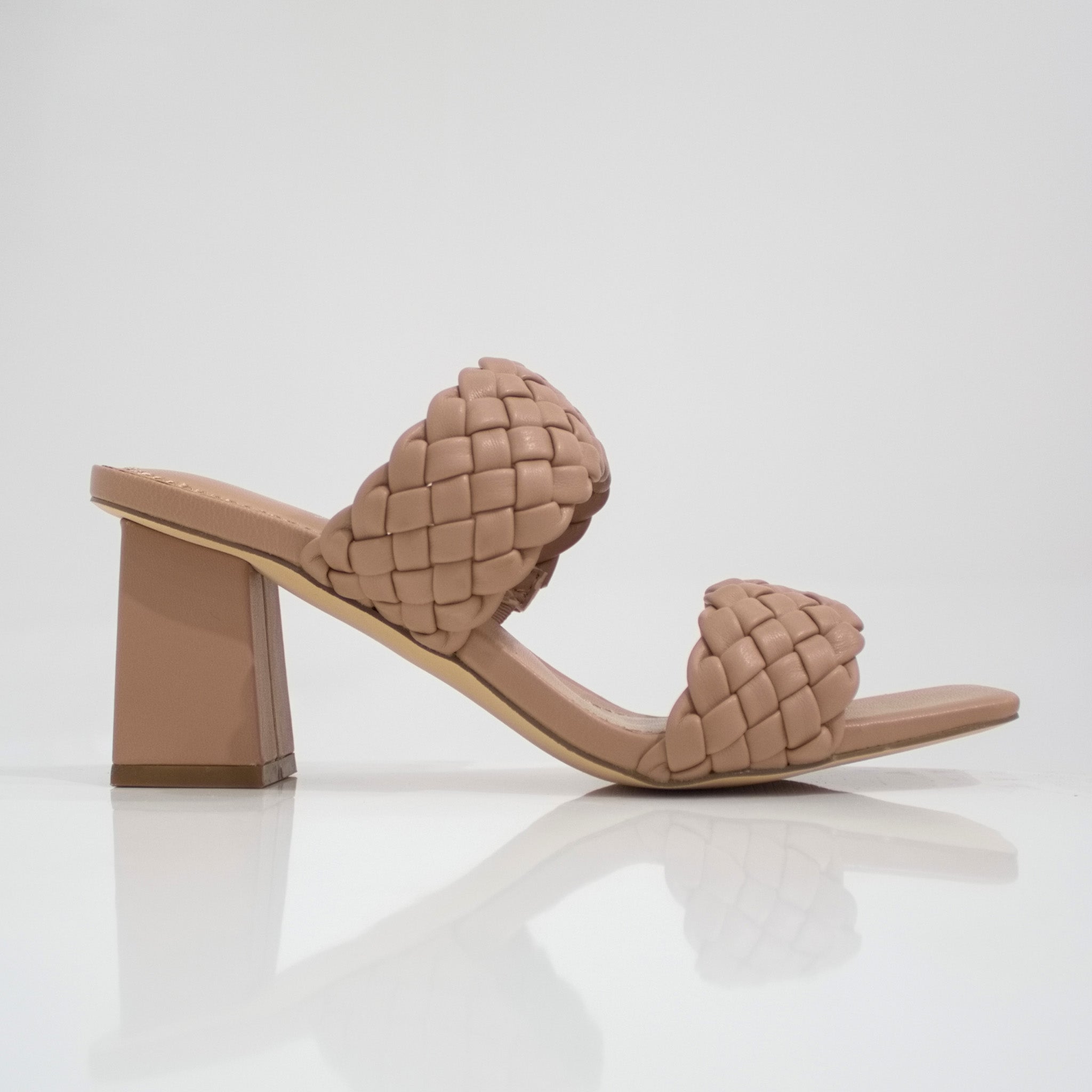 Vana 2 band pleated slide on a 6cm block heel taupe