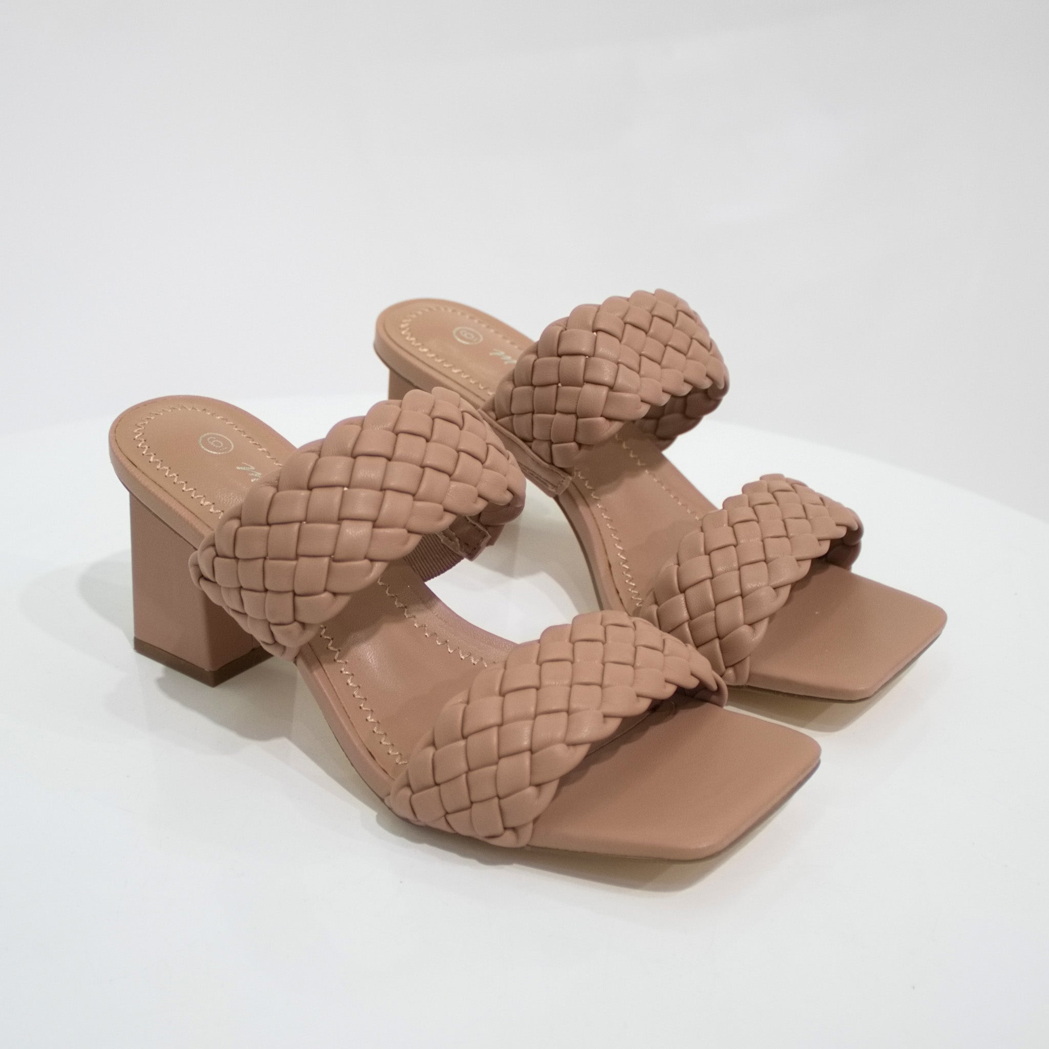 Vana 2 band pleated slide on a 6cm block heel taupe