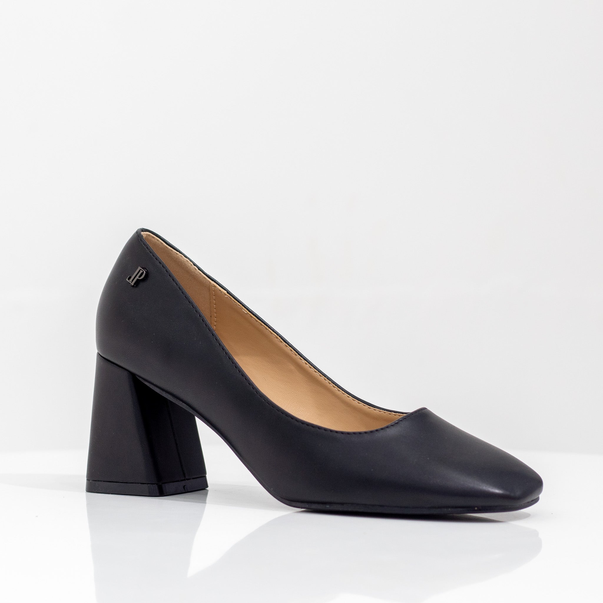 Lopa 7cm block heel PU court shoe black