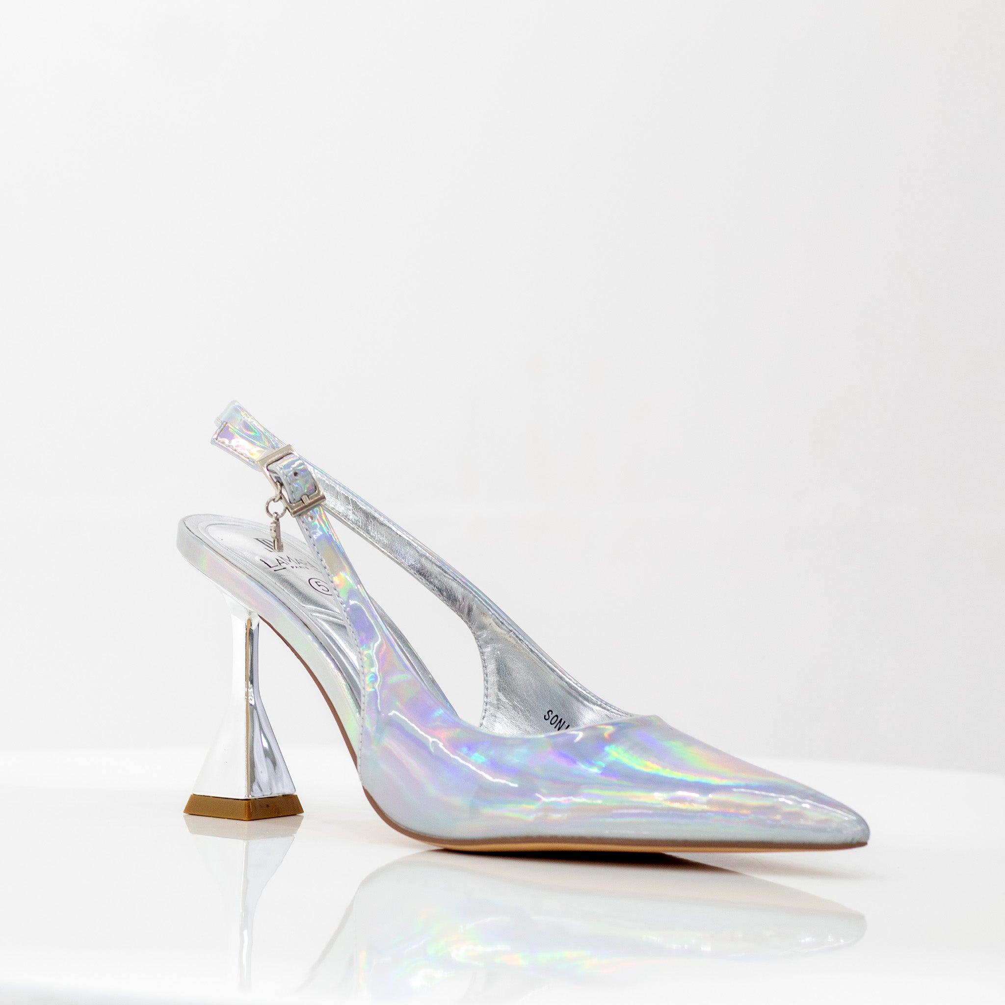 Sonia 7cm spool heel sling back pump silver