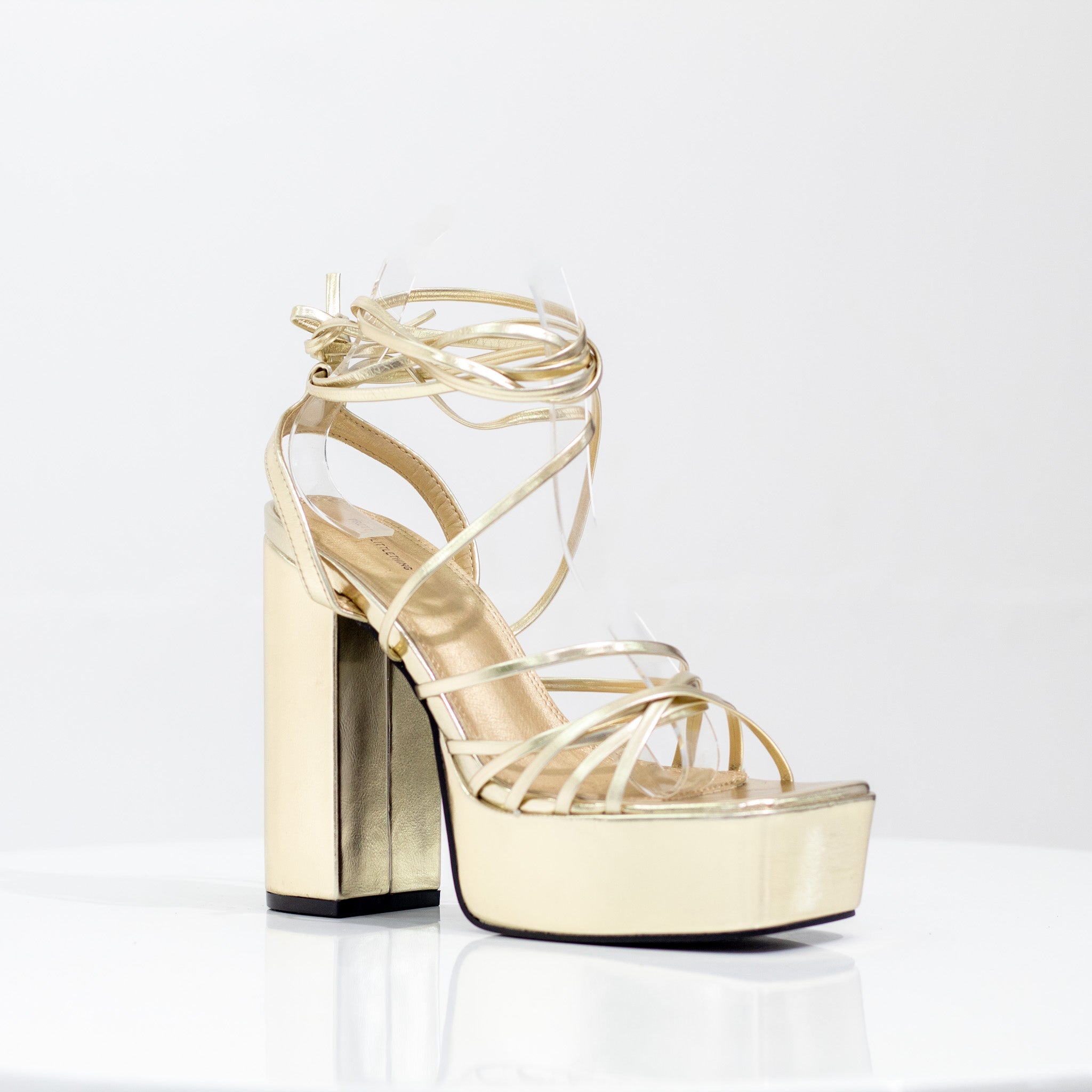 Haja 13cm platform heel strippy ankle strap sandal gold