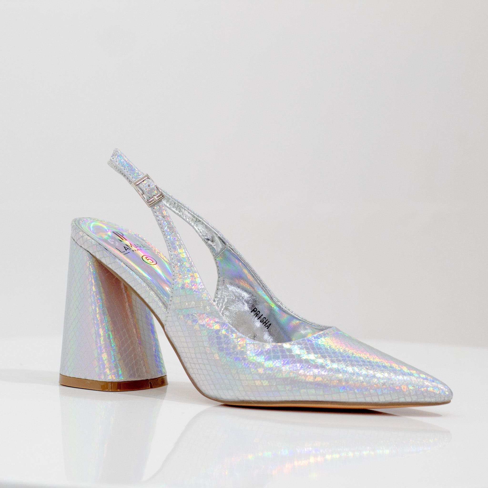 Prisha pointy sling back on a 9cm block heel silver