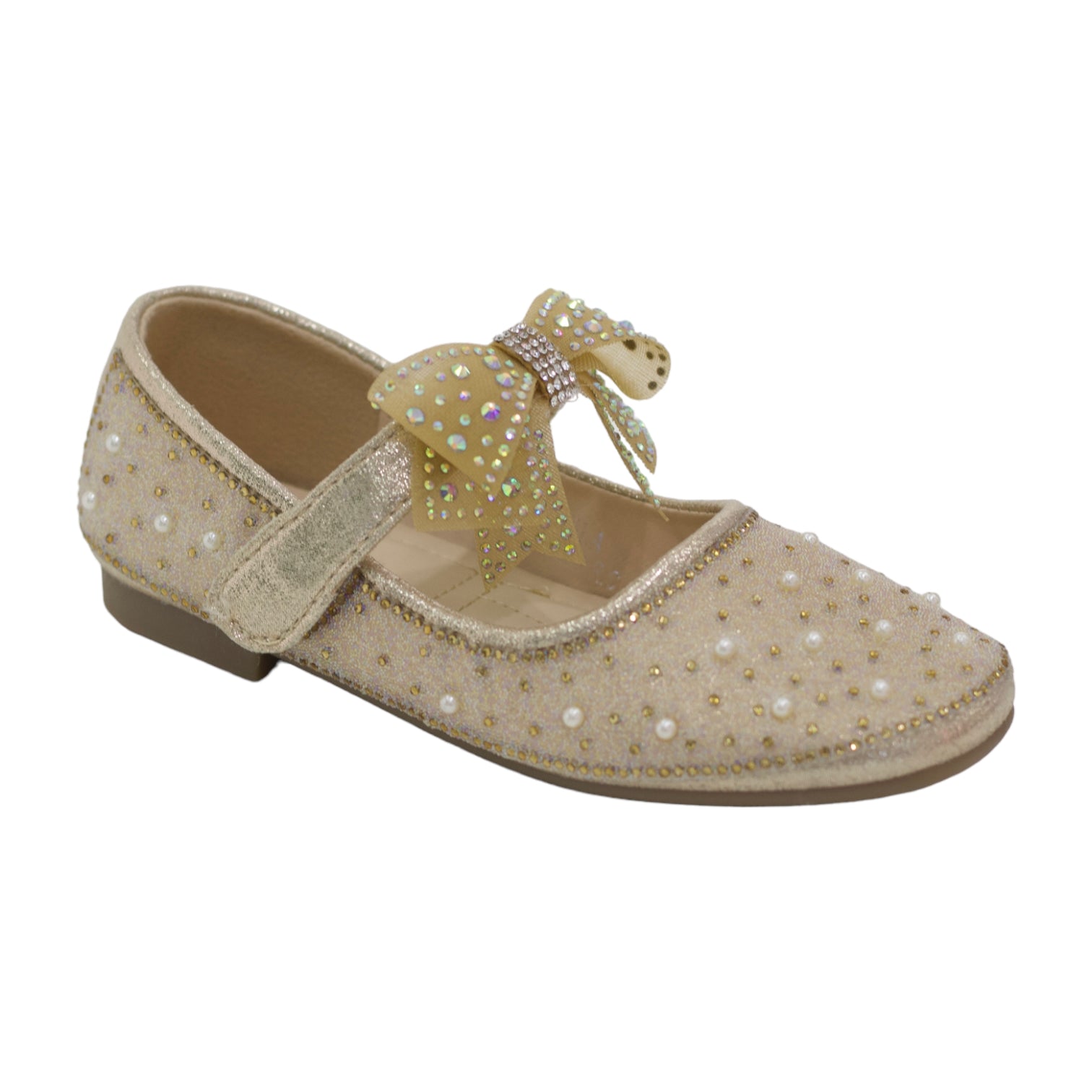 Pabla infant girls diamante pump with bow belt champagne