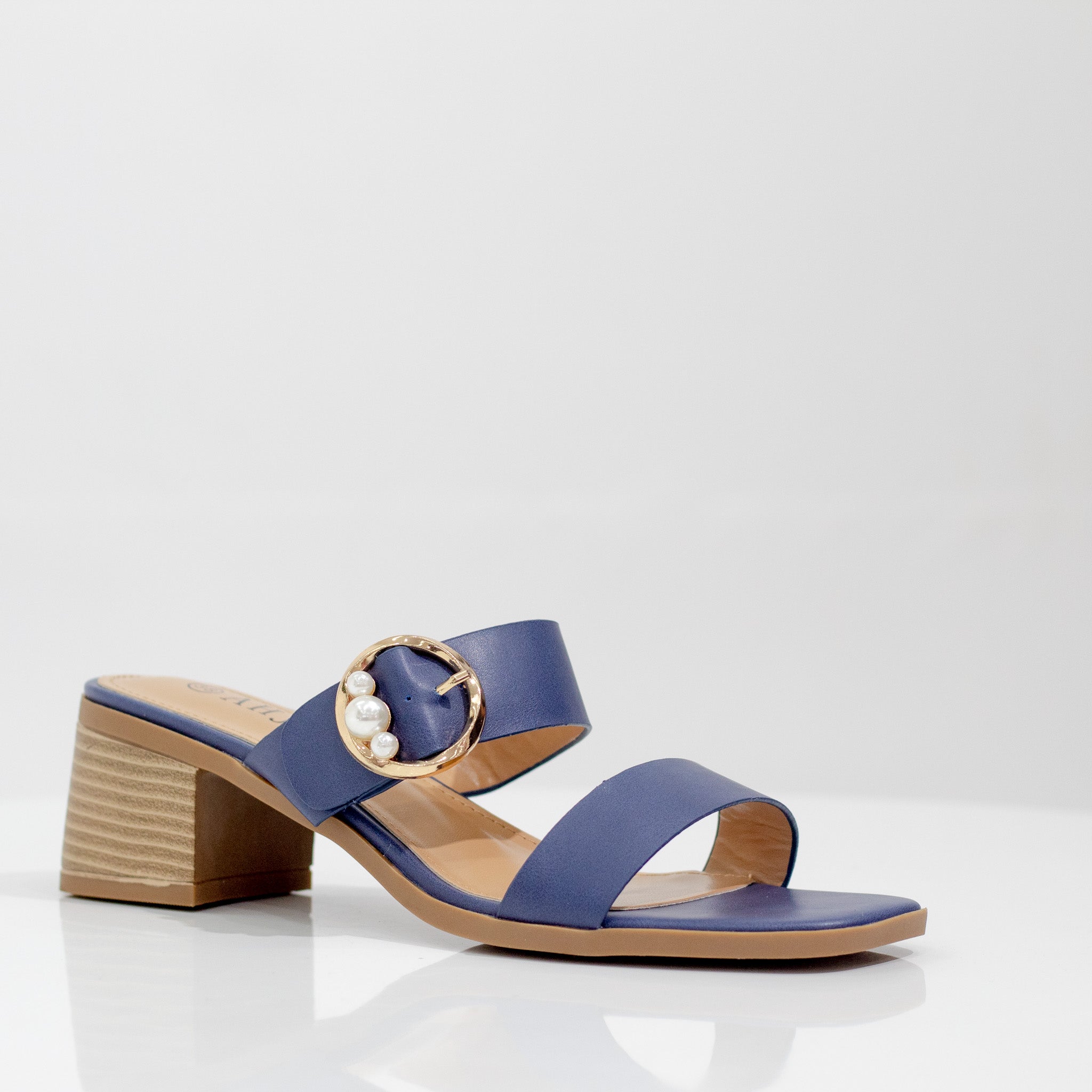 Oreta 5cm heel 2 band slide with buckle navy