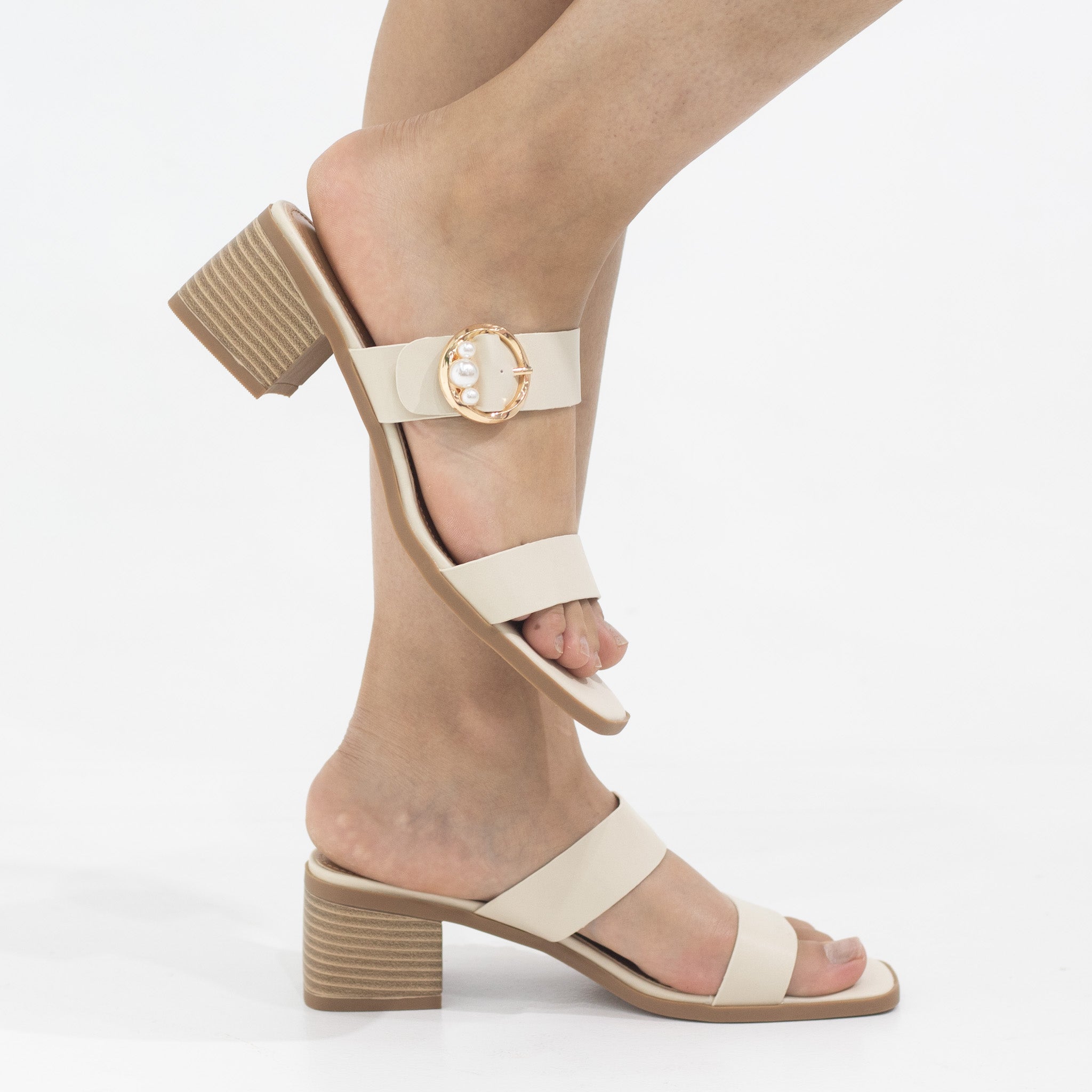 Oreta 5cm heel 2 band slide with buckle off-white