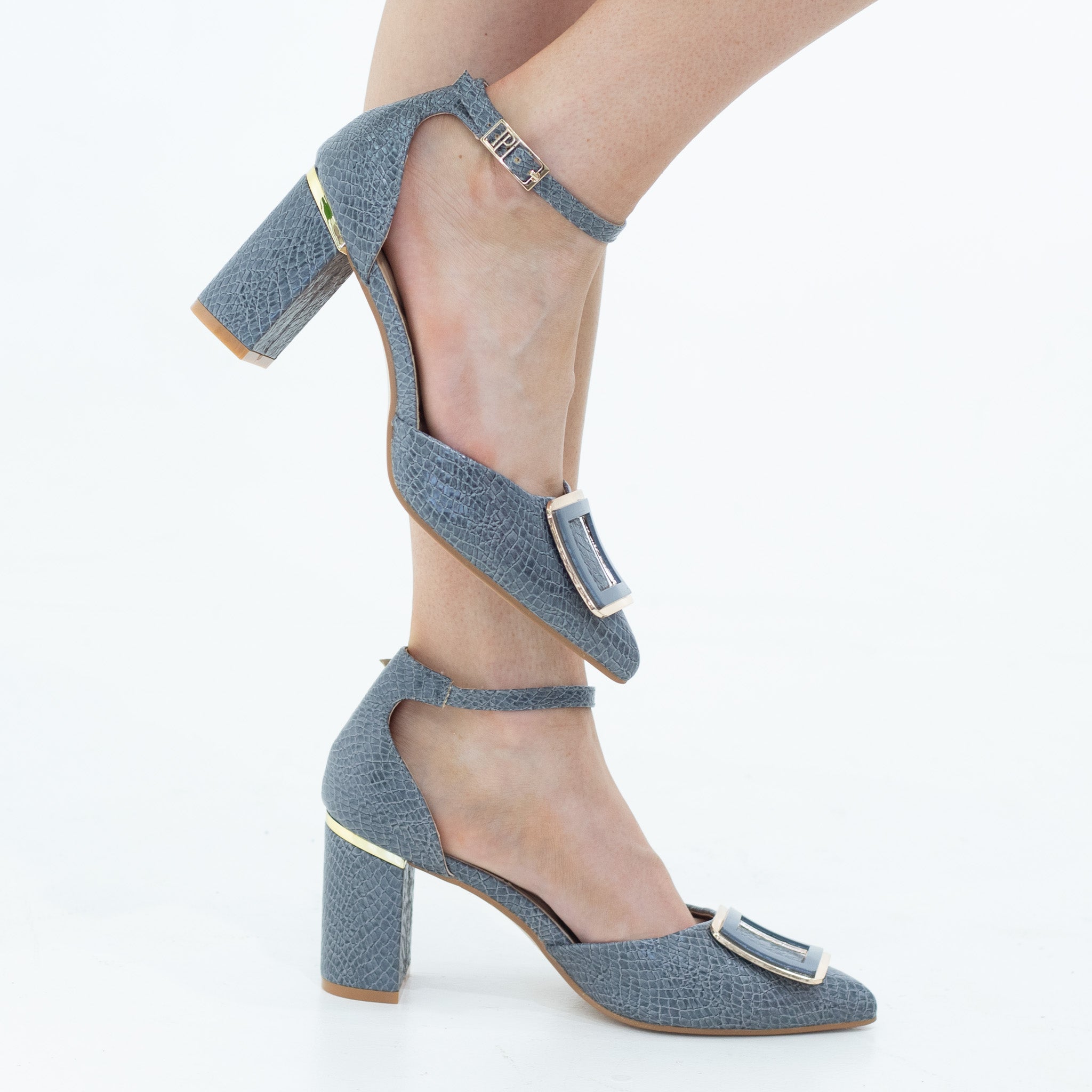 Chakrika snake skin open waist pointy with sqr trim on 8cm heel blue