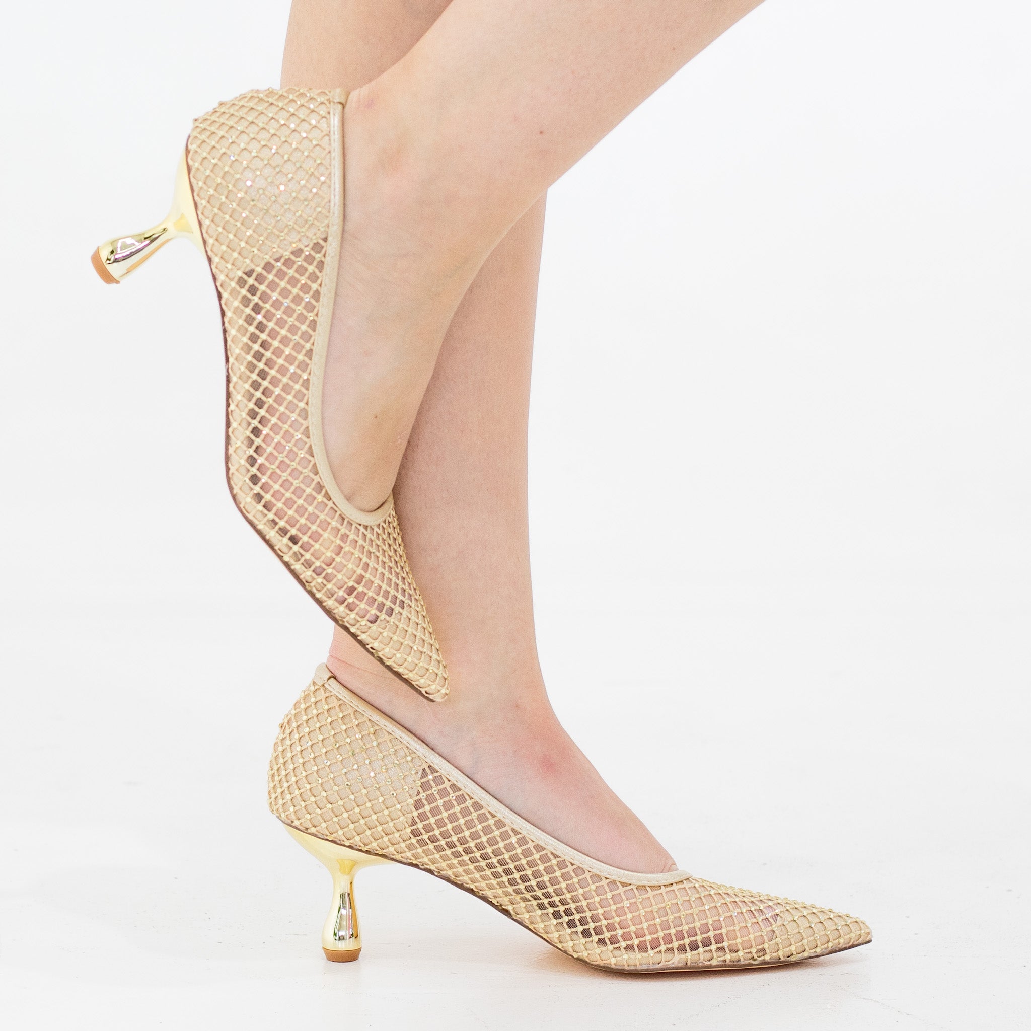 Tahira mesh embellished court on 6cm heel gold