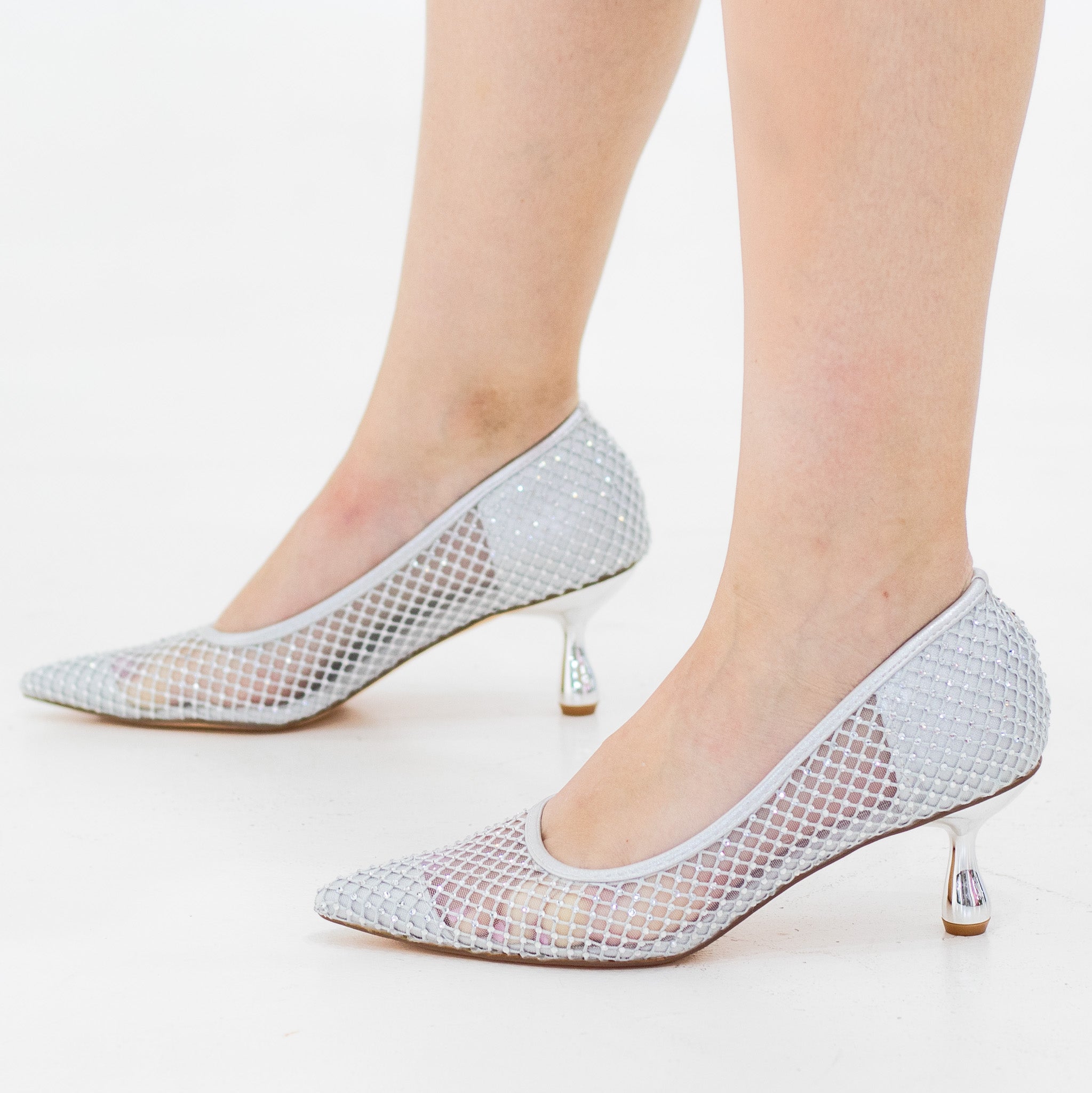 Tahira mesh embellished court on 6cm heel silver