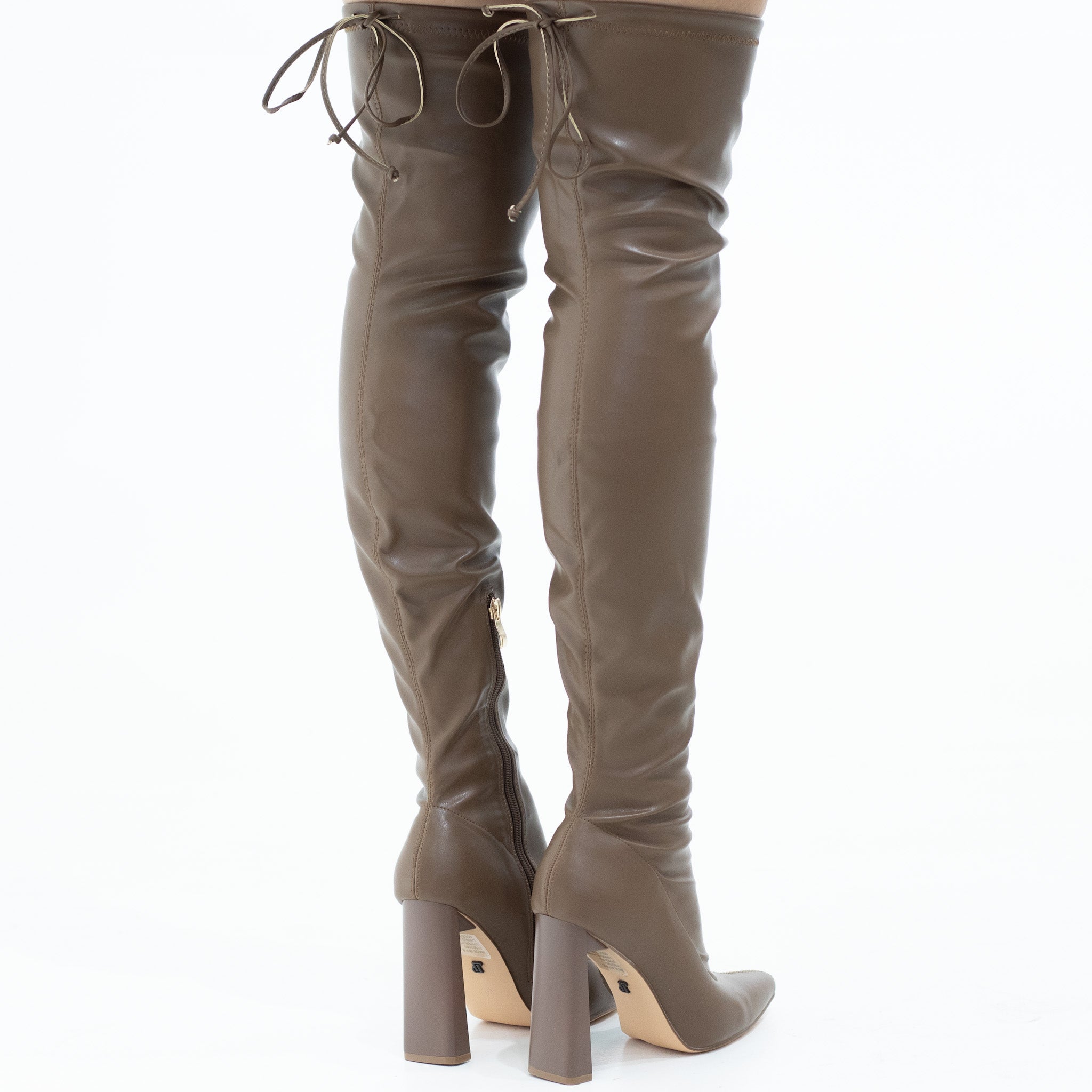 Tomian thigh high pointy high 10.5cm heel boot taupe