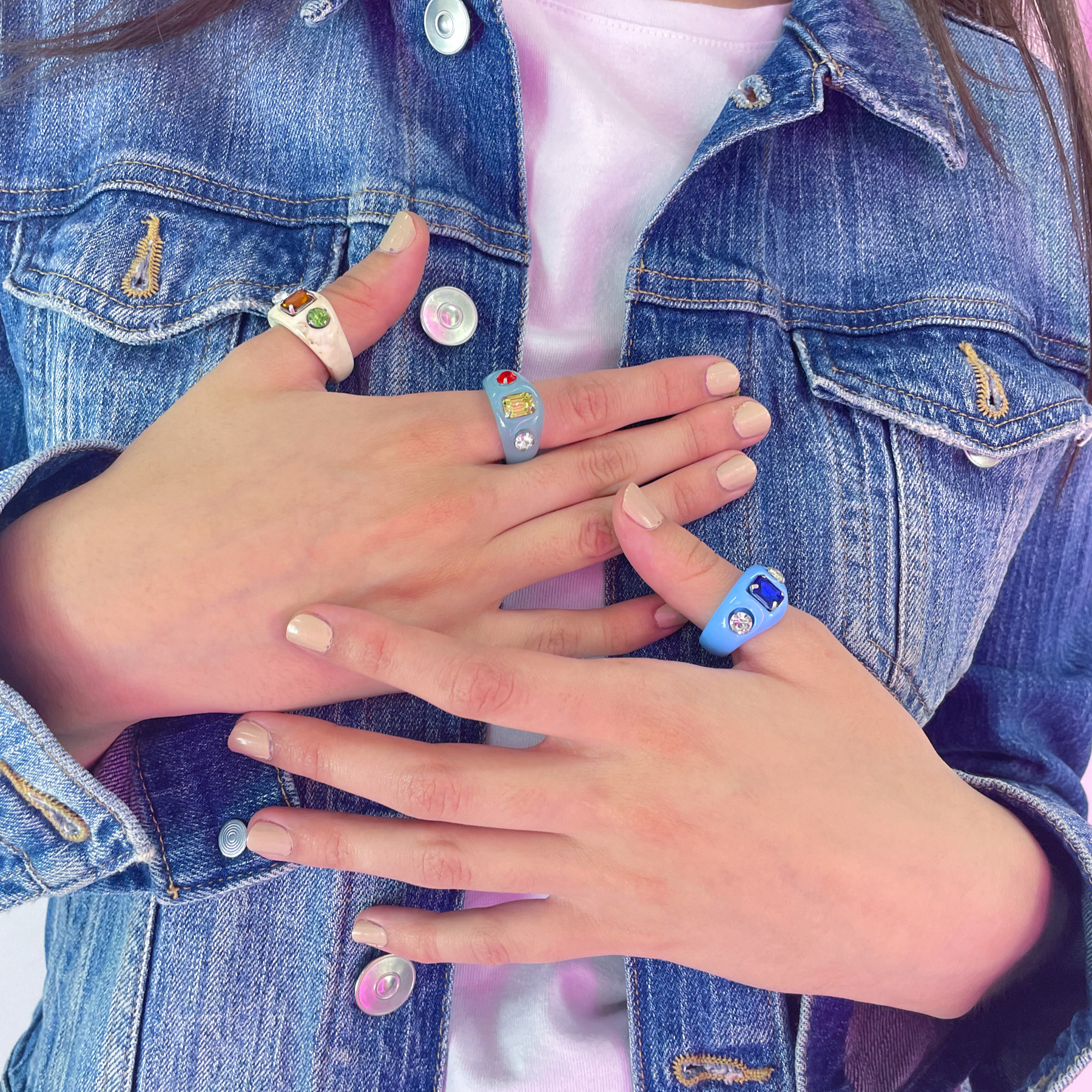 Gem resin and lucite colourful rings