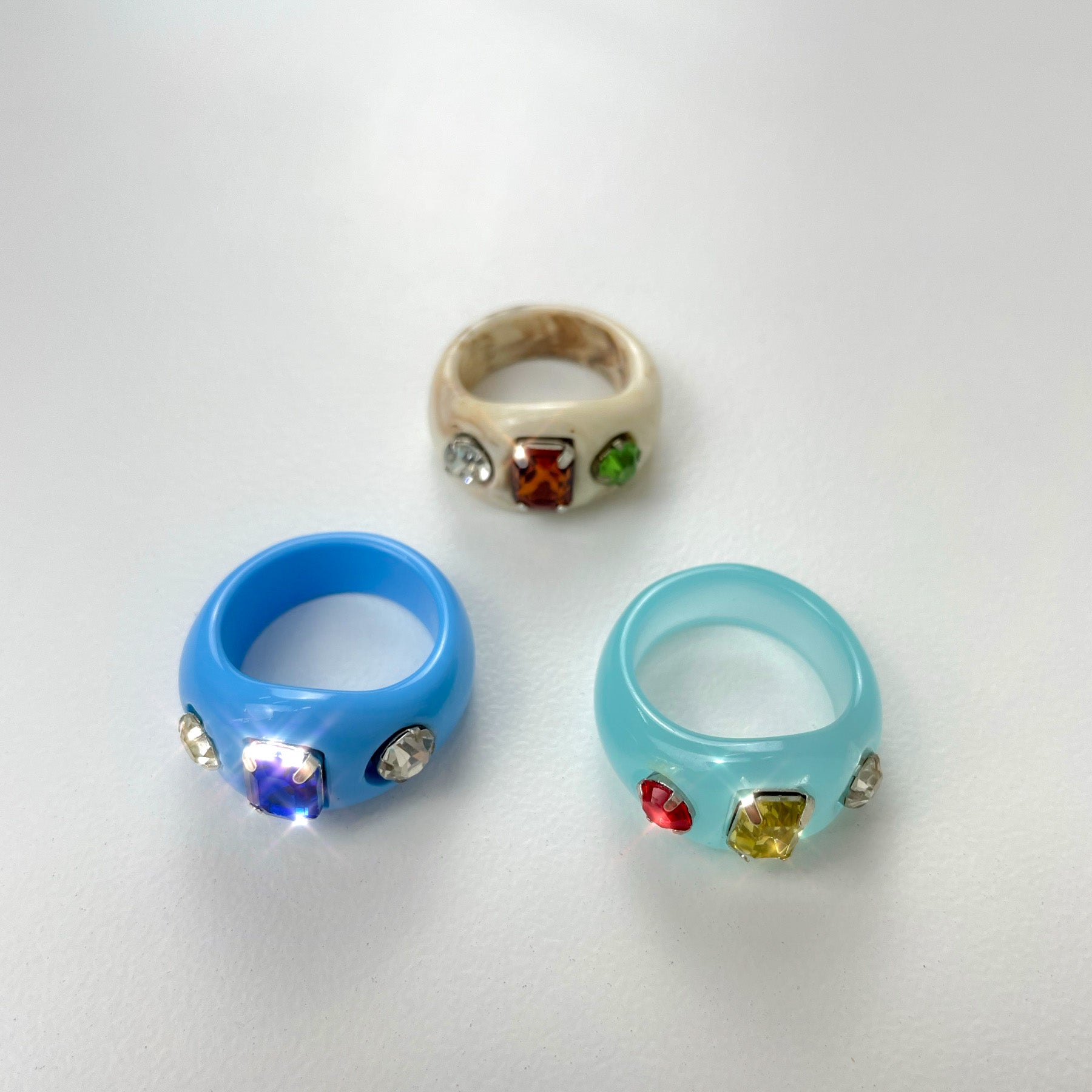 Gem resin and lucite colourful rings