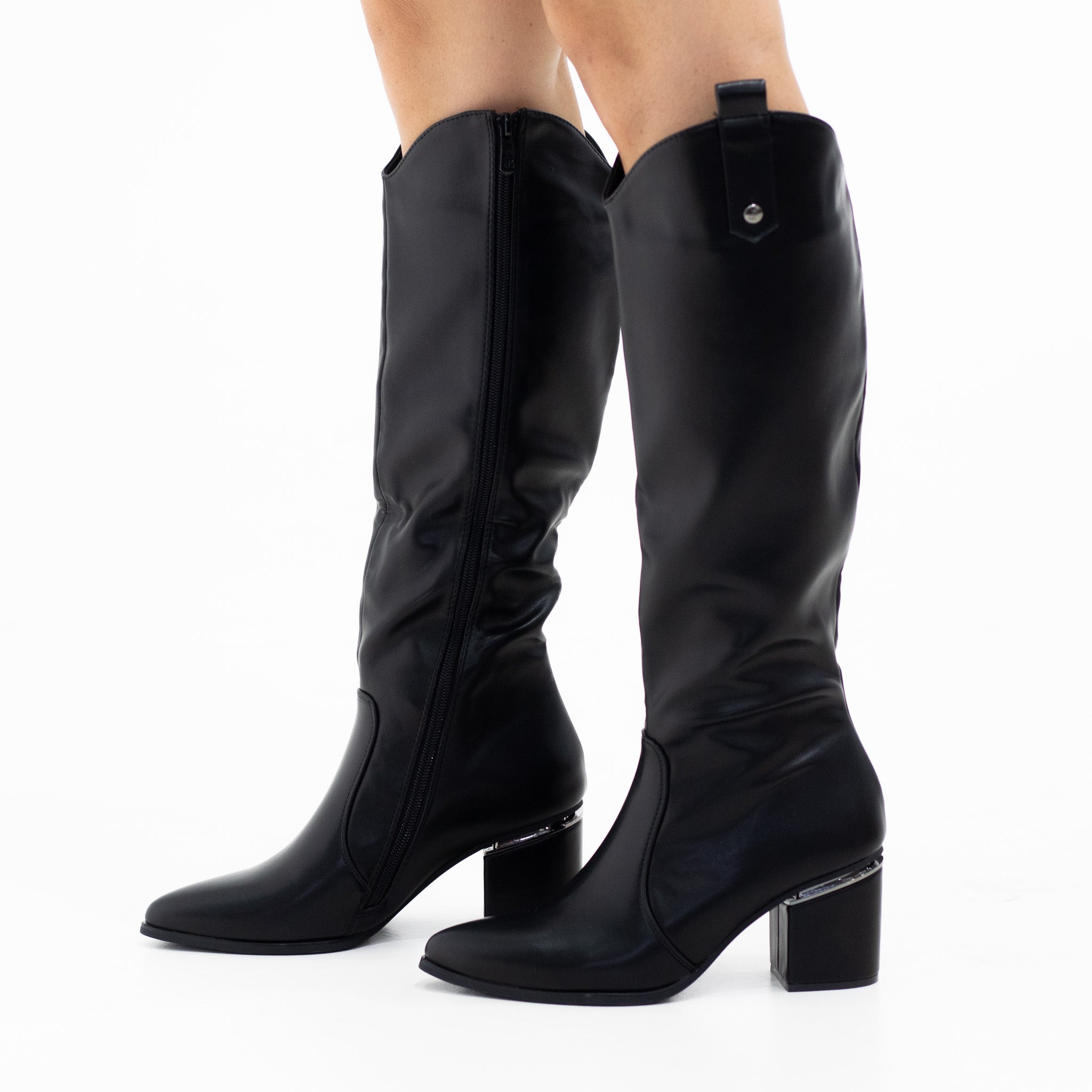 Isla pointy toe 6.5cm heel pu knee high boots black