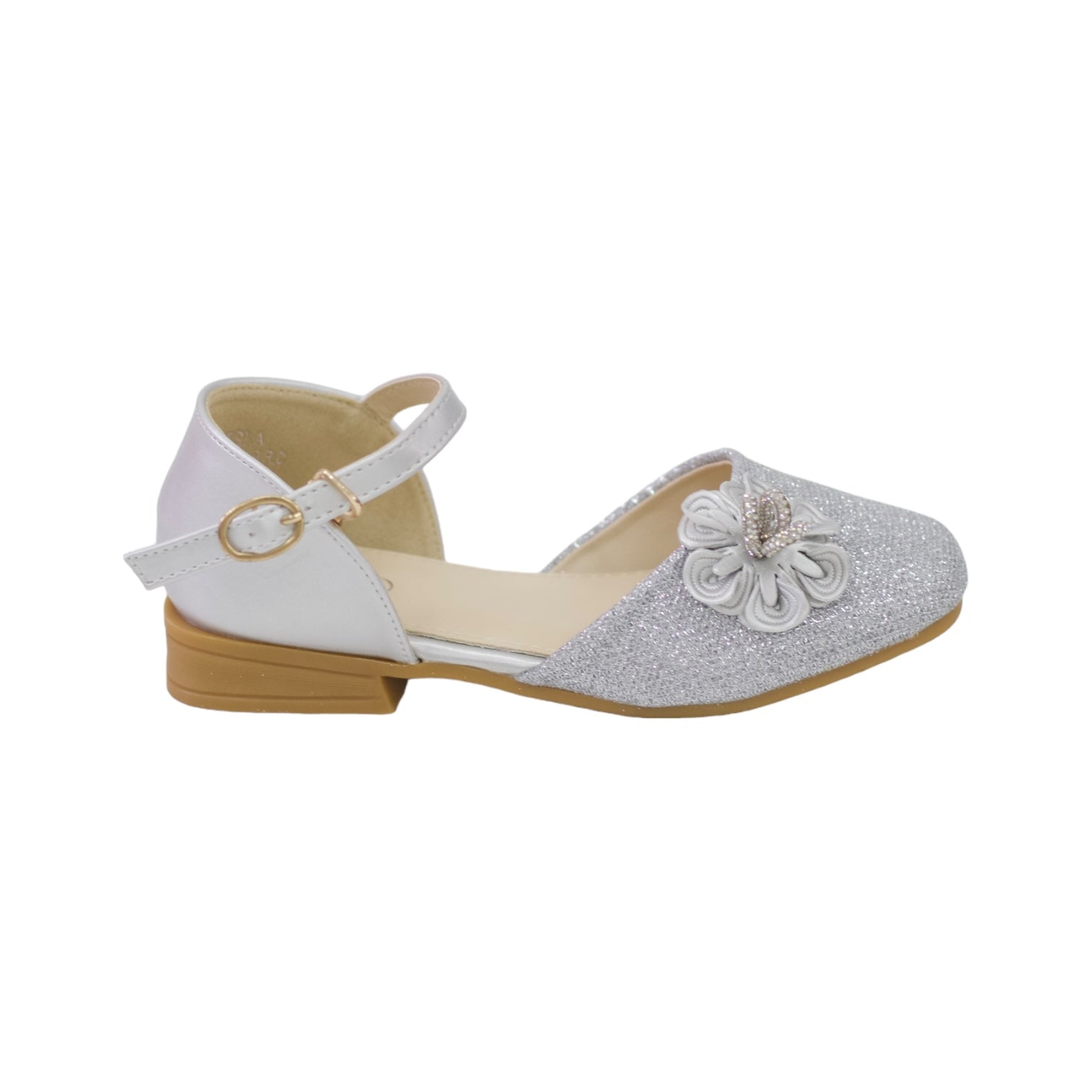 Silver girls bridal shoe with flower in shimmer isla