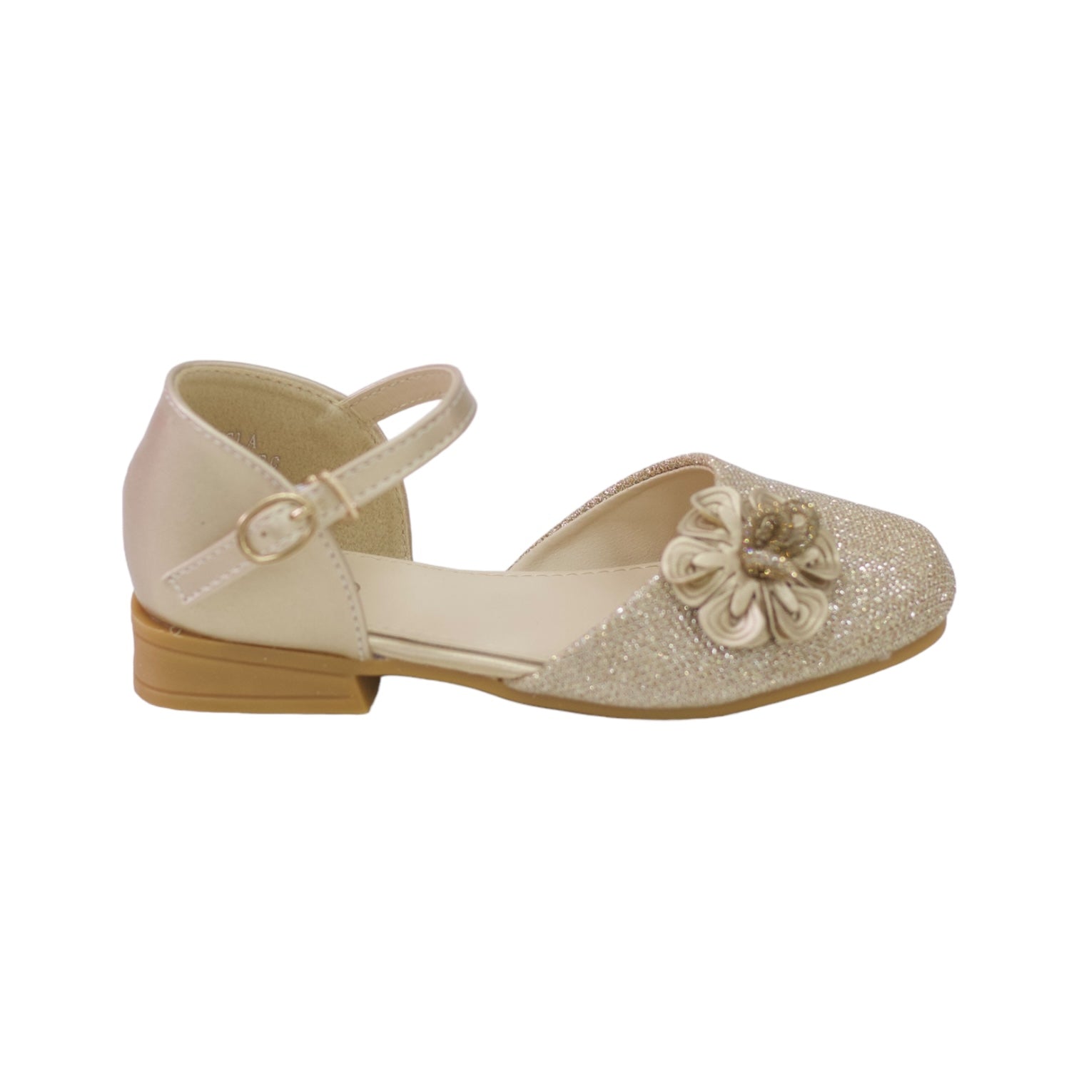 Gold girls bridal shoe with flower in shimmer champagne isla