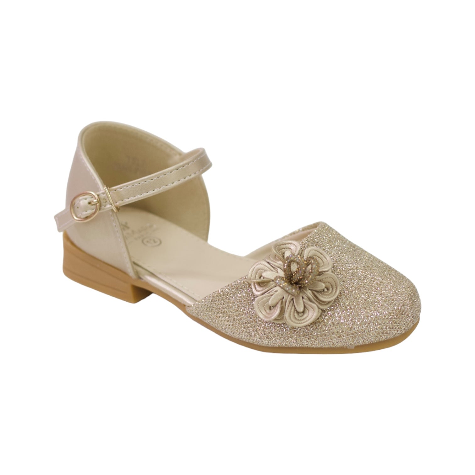 Gold girls bridal shoe with flower in shimmer champagne isla