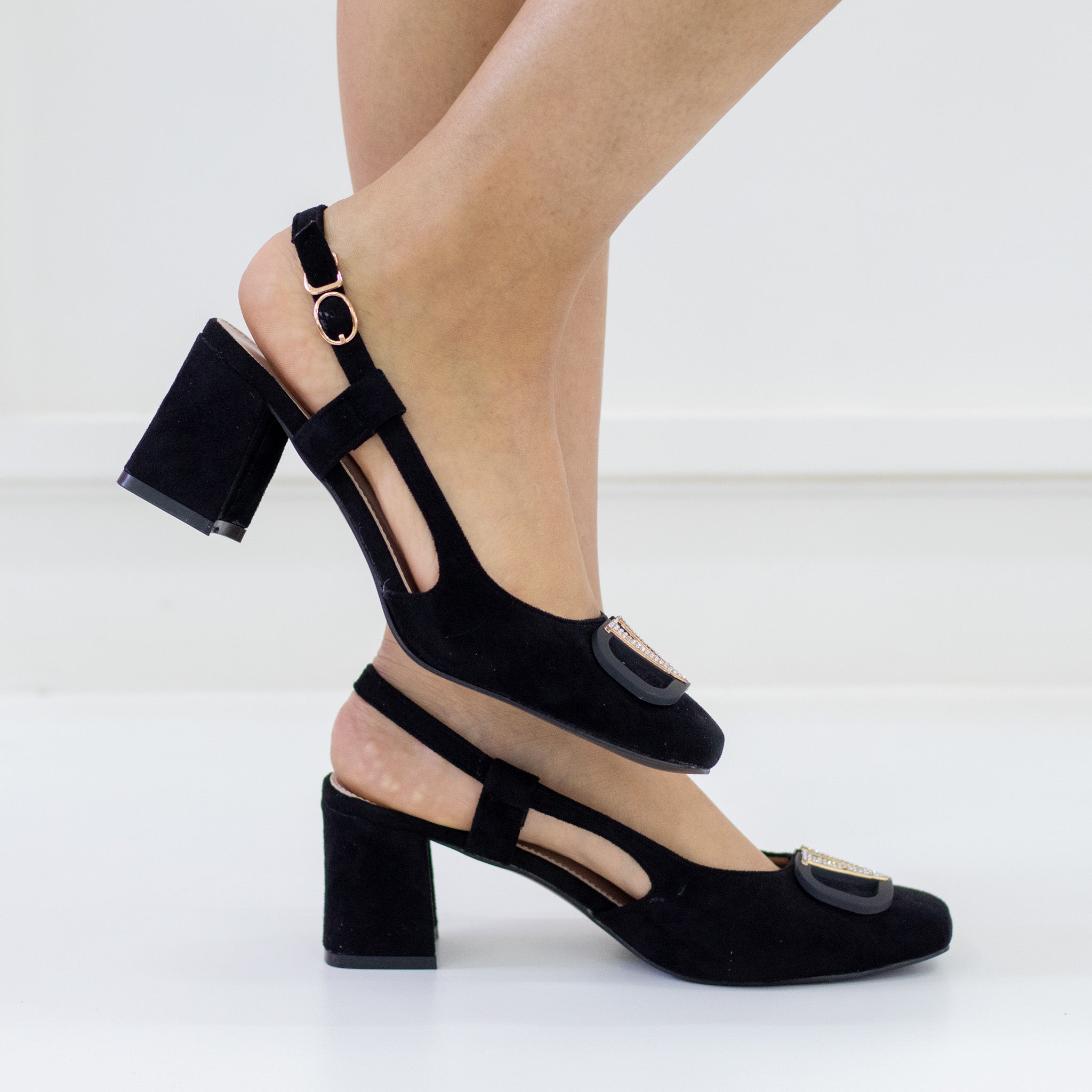 Black 6cm heel suide sling back with a gold trim olsen
