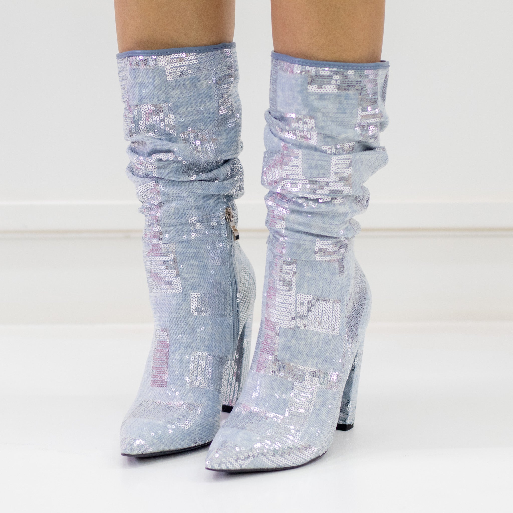 Blue 11cm heel sequin embellished mid-calf pointy bootie icon