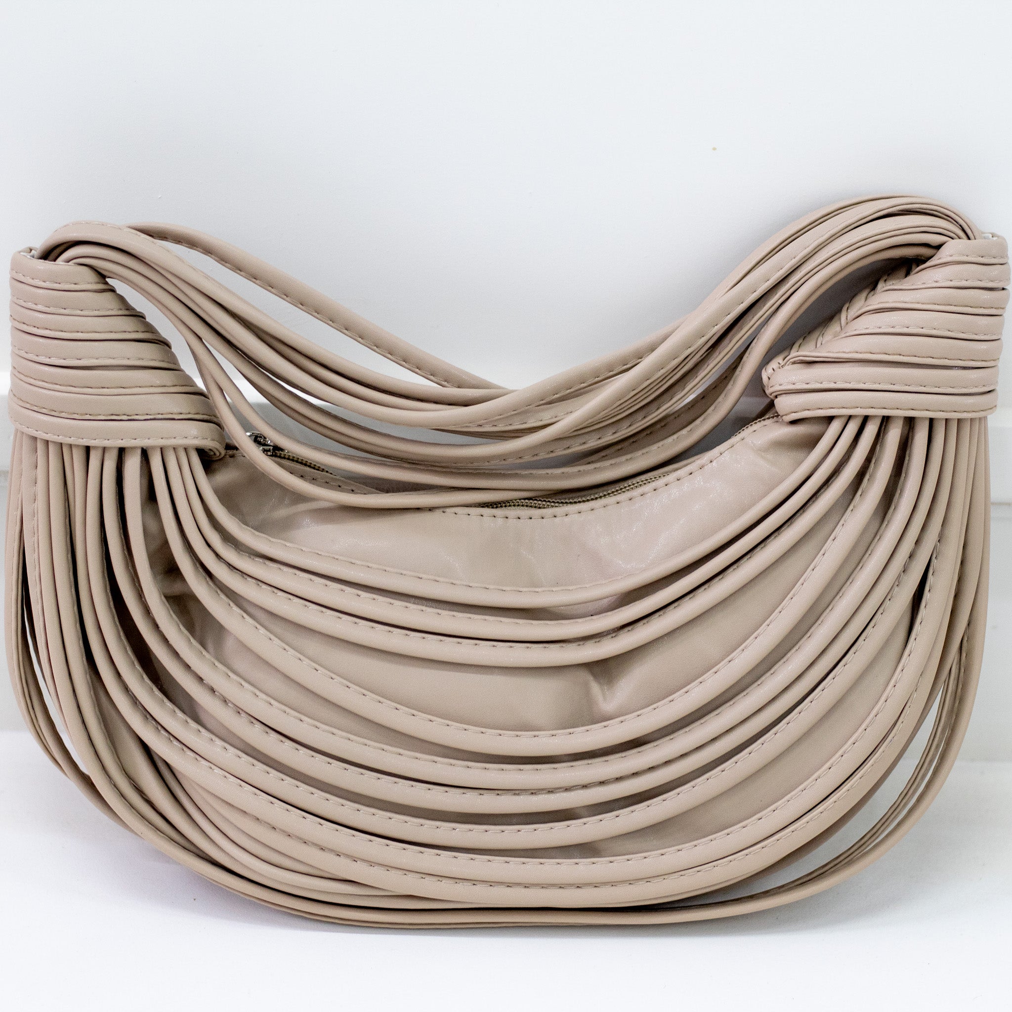 Shibz strippy belts rigid shoulder bag taupe