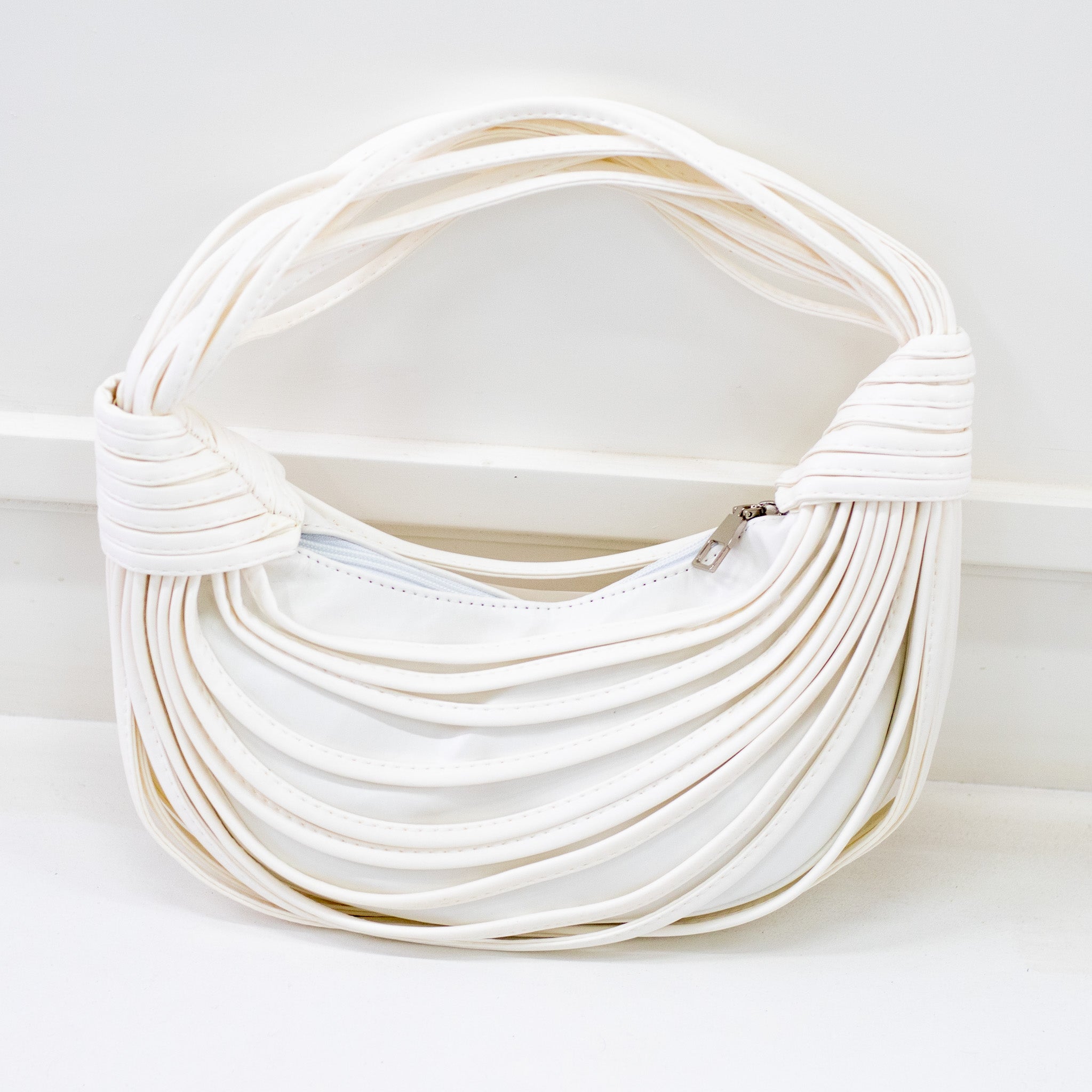 White strippy belts rigid shoulder bag shibz