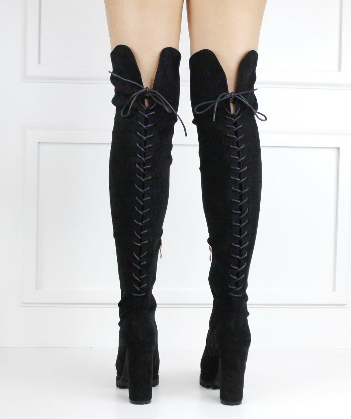 Adina thigh high 11.5cm heel back lace boot black