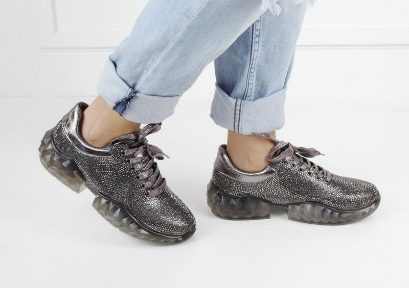 Raven Runway glitter-faux leather platform trainers pewter