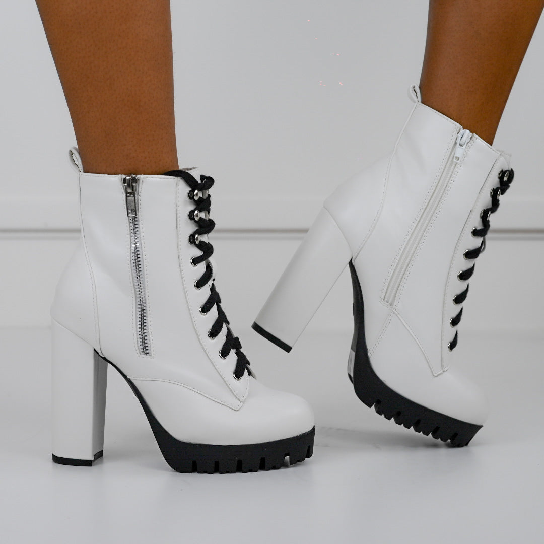 Veronica lace up 11cm heel cleated sole ankle boot white