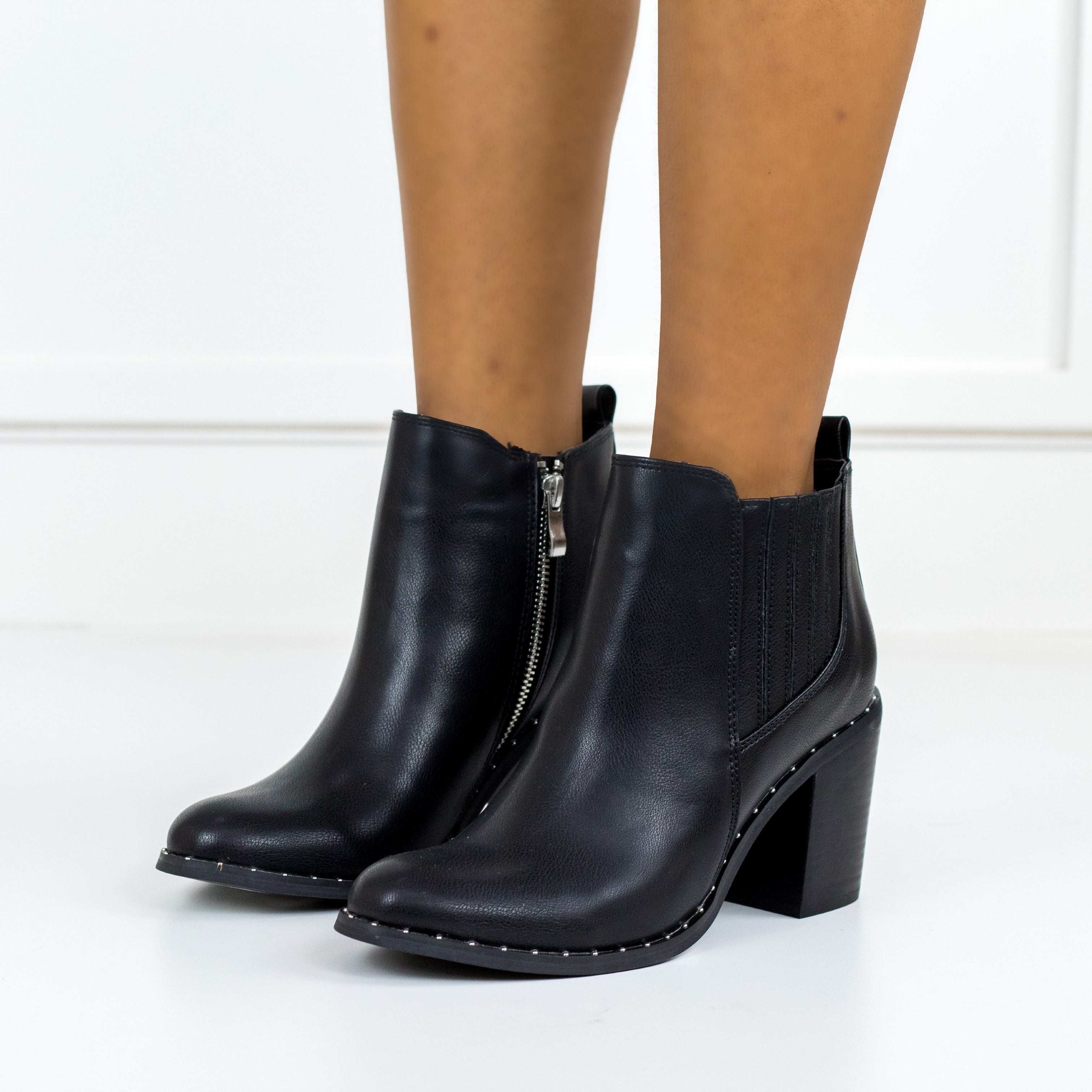 Black patent block heel ankle boots map