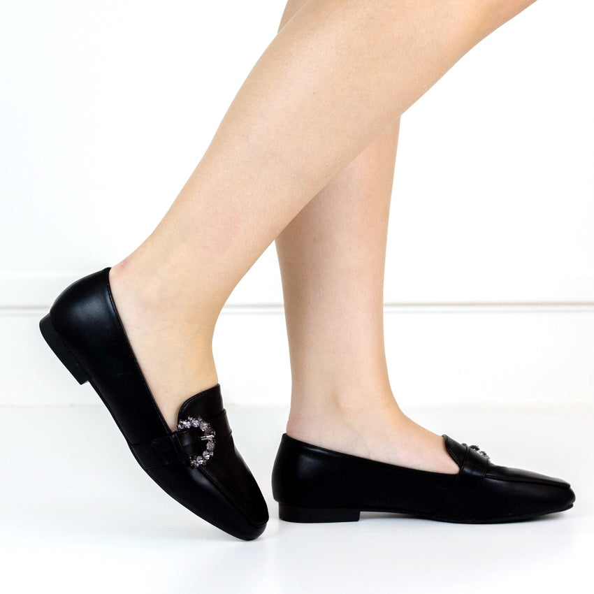 Black 1.2cm flat heel moc with diamond buckle pu tiara