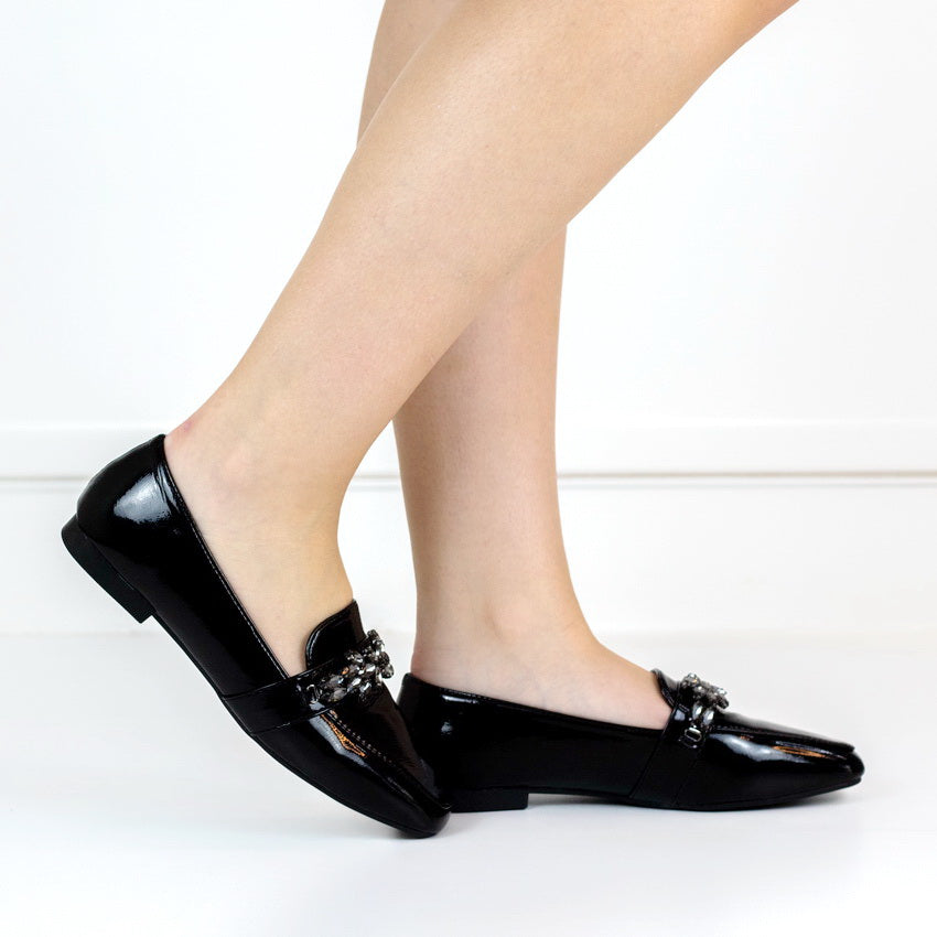 Black 1.2cm flat heel moc with diamond trim pu liana