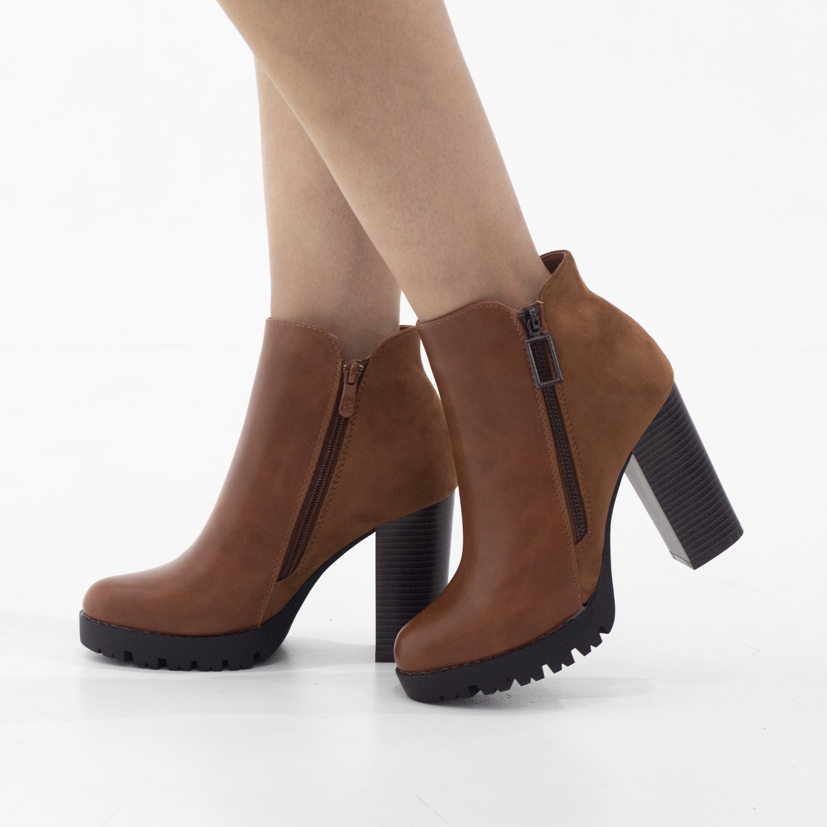 Tan 10cm heel side zip ankle boot uplift