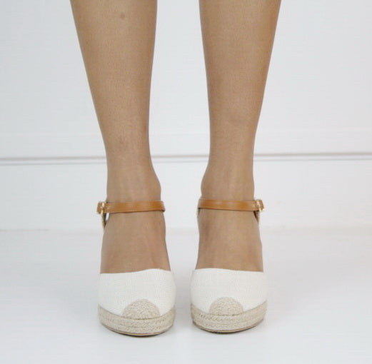 Hitomi espadrille woven closed toe 8cm wedge heel sandals beige
