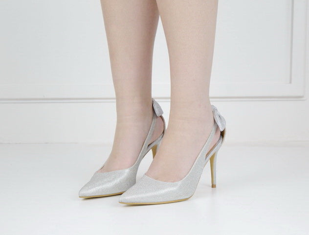 Saley shimmer 9cm heel court with a back bow silver