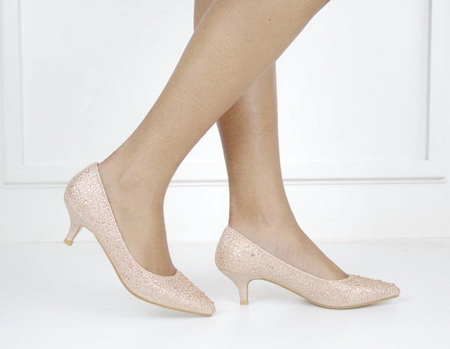Champagne diamante embellished low heel 5cm courts terana