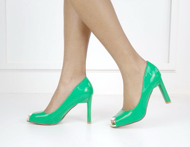 Indiana gloss high heel peep toe pumps green
