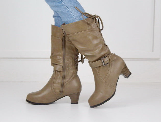 Taupe girls long boot with back lace hazeli