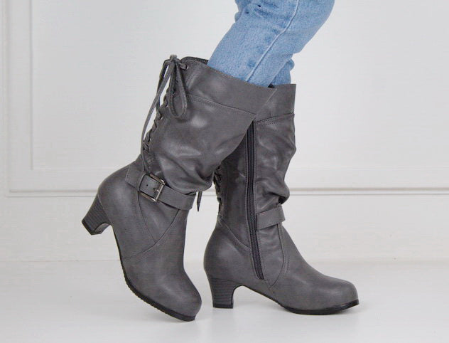 Grey girls long boot with back lace hazeli