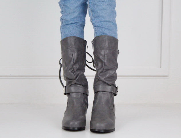 Grey girls long boot with back lace hazeli