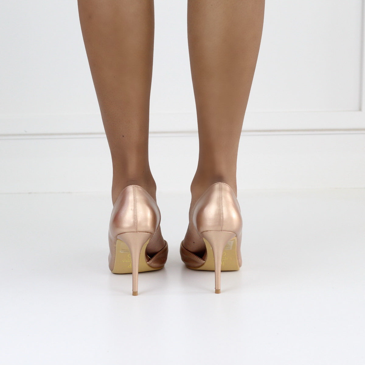 Rose gold 9cm heel open side court shoe with a gold trim daniella