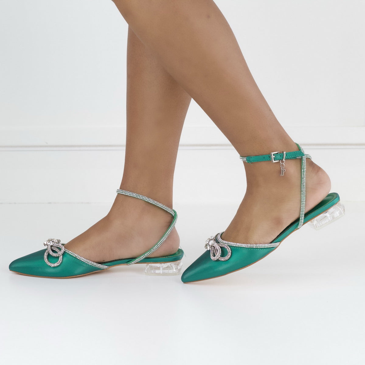 Kira 2cm heel flat pump with diamante bow  green