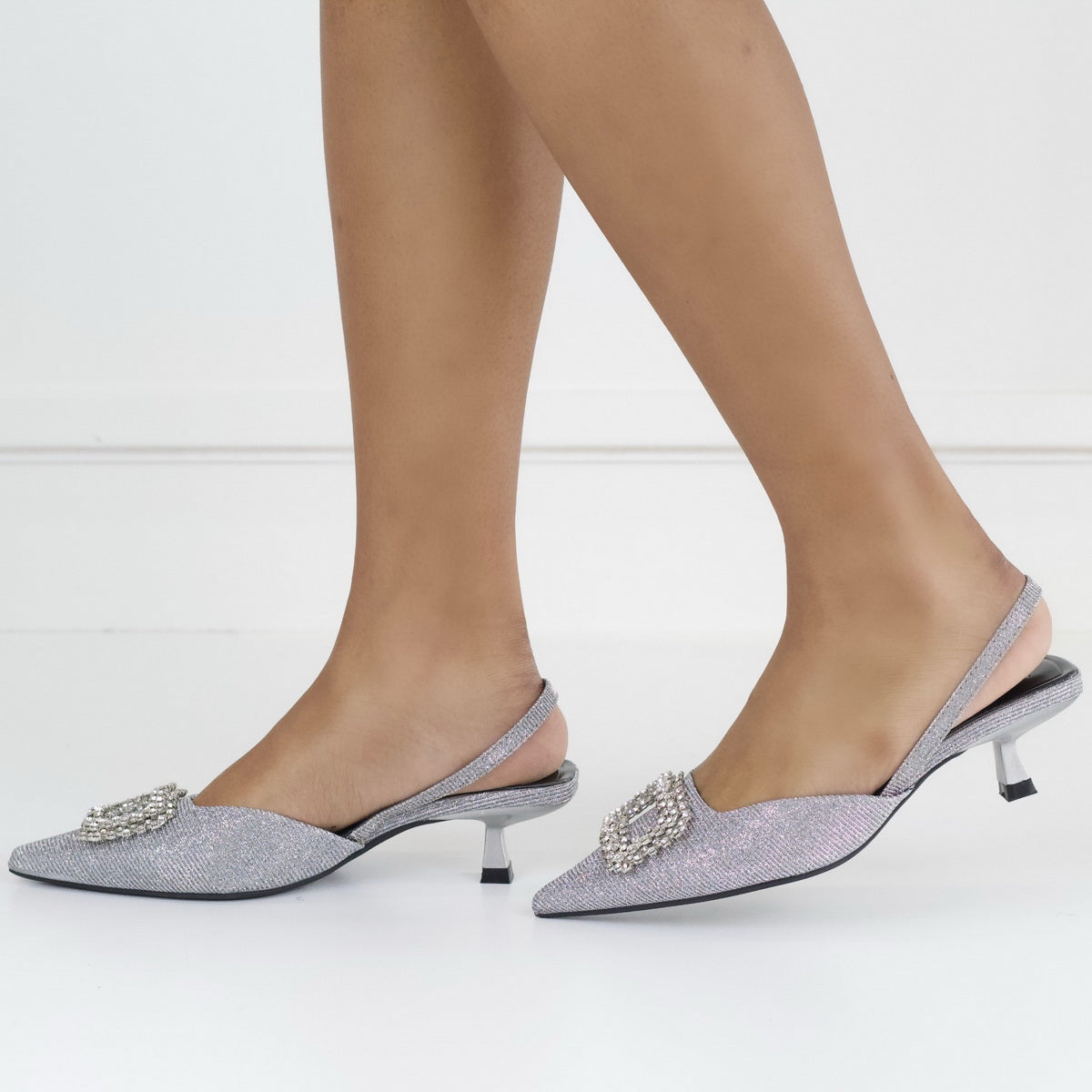 Josslyn GLITTER 4cm mid heel with rect trim silver